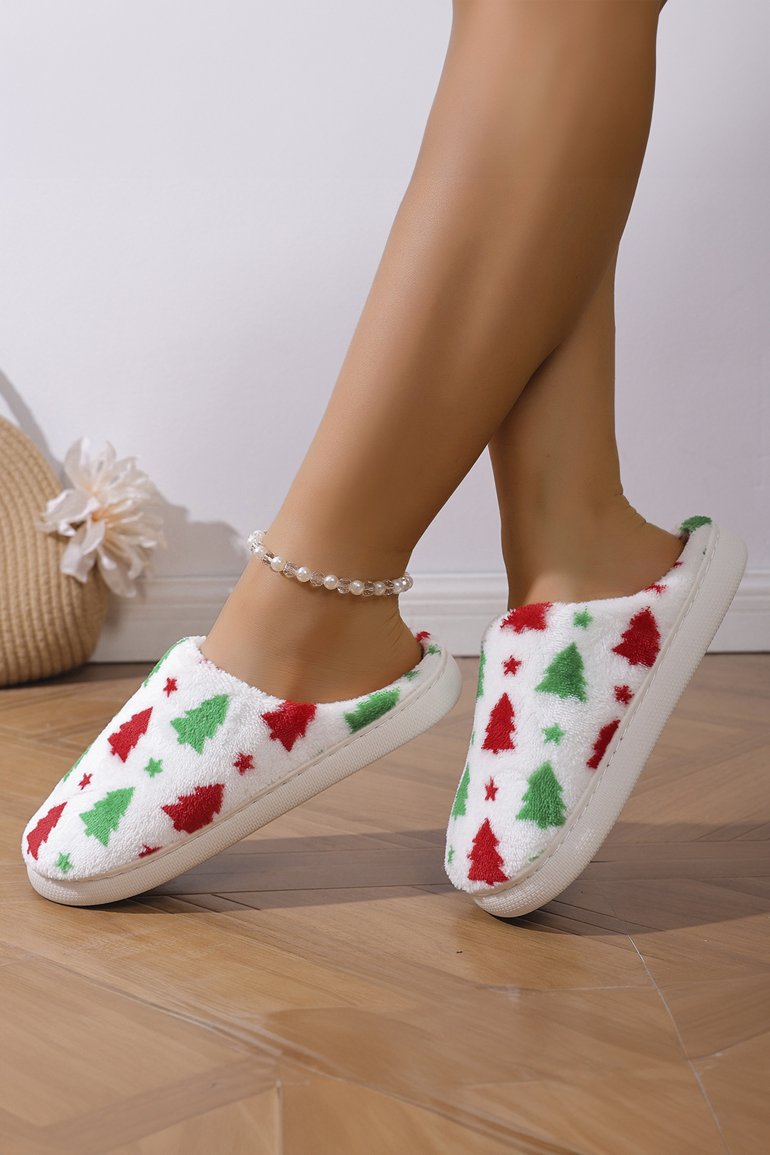 White Christmas Tree Star Printed Plush House Slippers - loveforevers