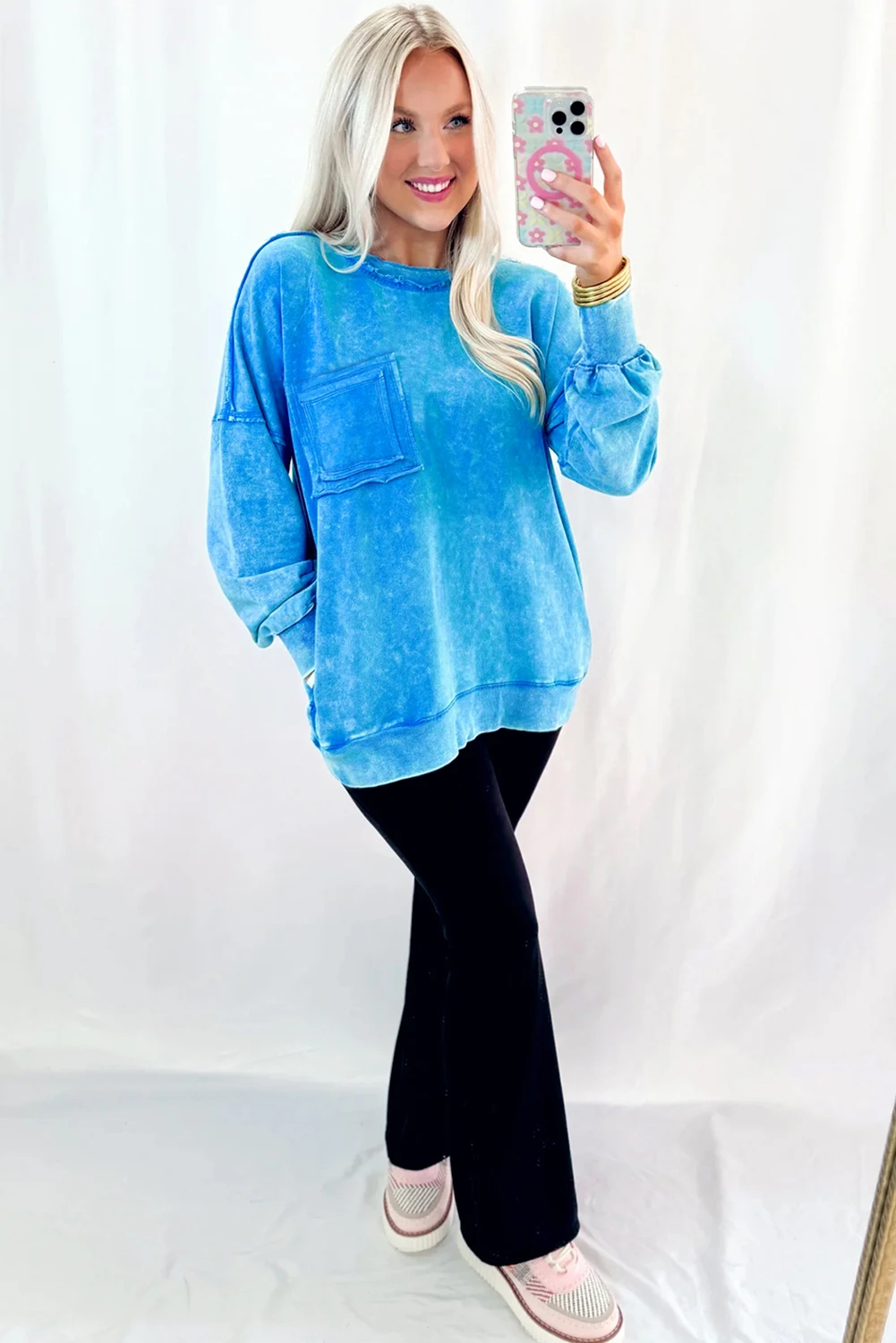 Blue Mineral Wash Raw Seam Double Patched Pocket Pullover Sweatshirt - loveforevers