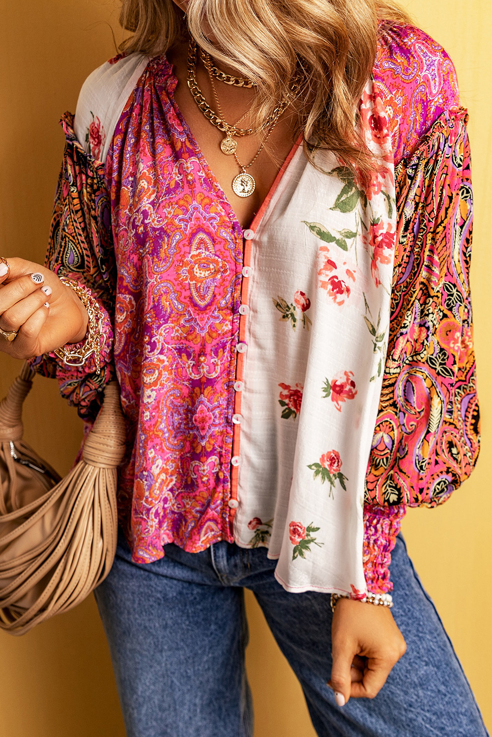 Multicolor Floral Patchwork Shirred Cuff Buttoned V Neck Blouse - loveforevers