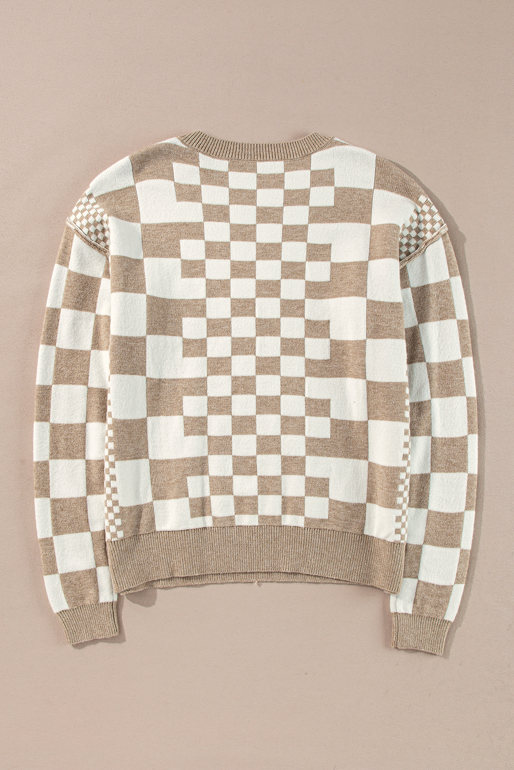 Khaki Checkered Print Drop Shoulder Round Neck Sweater - loveforevers