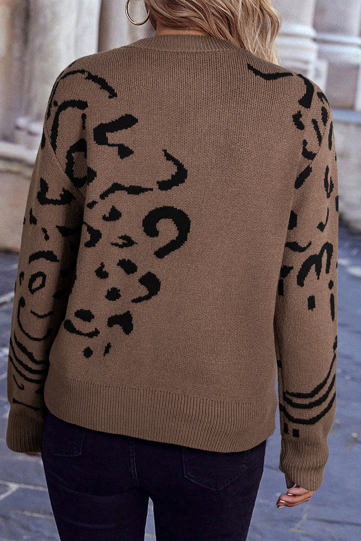 Camel Asymmetric Leopard Print Detail Drop Shoulder Sweater - loveforevers
