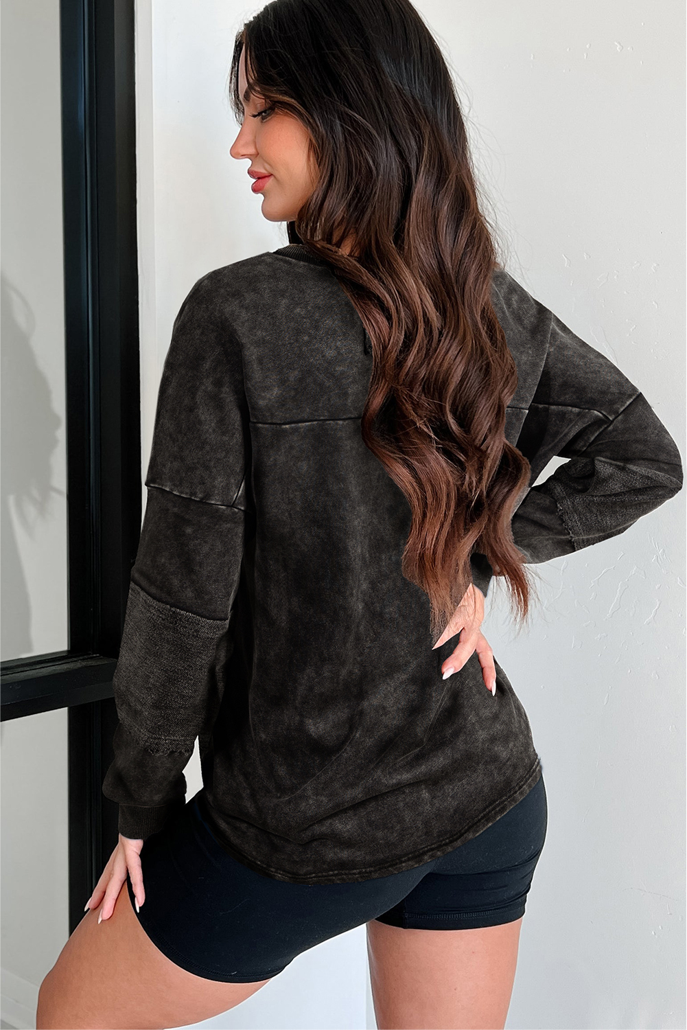 Mist Blue Mineral Wash Exposed Seam Buttoned V Neck Pullover Top - loveforevers