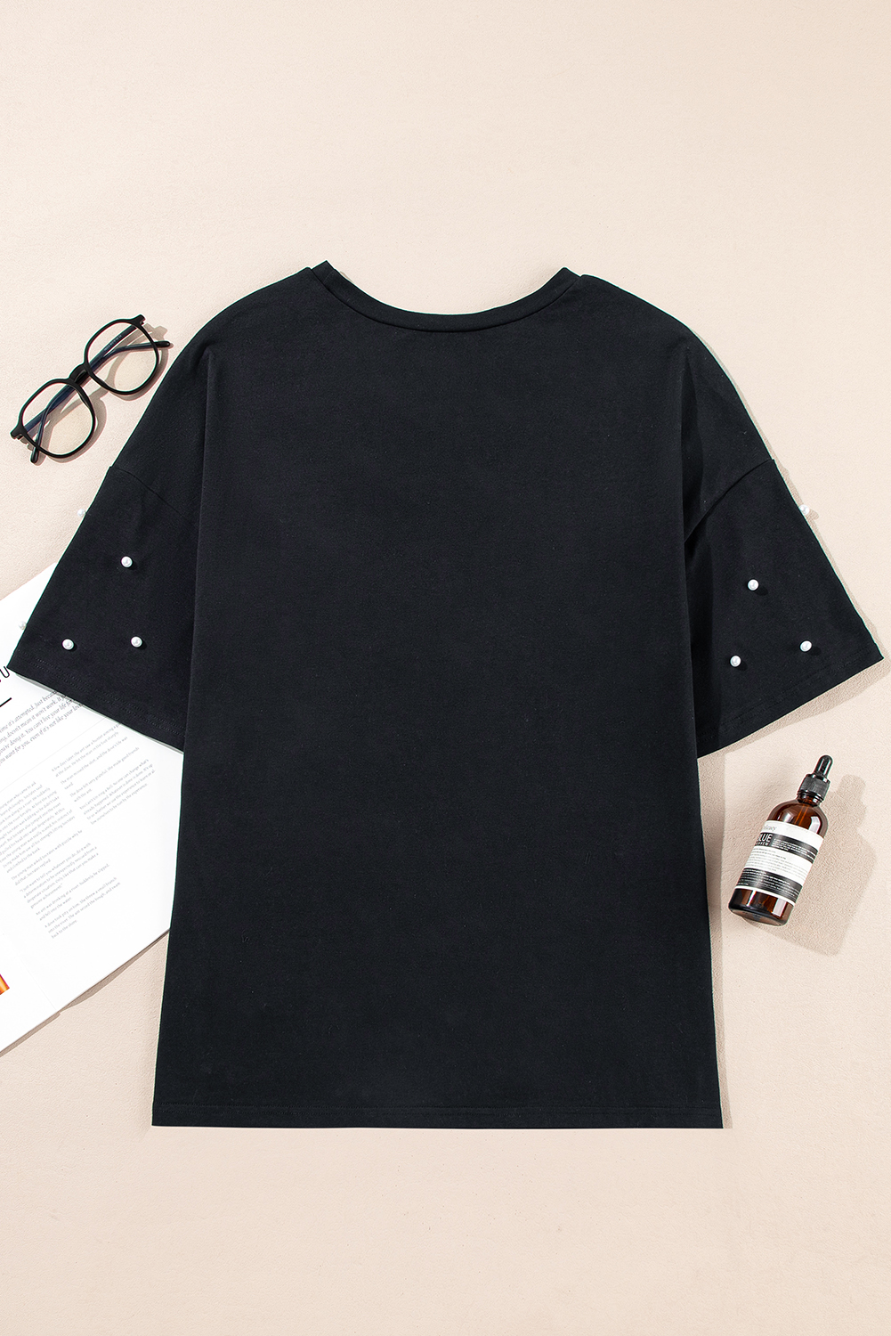 Black Pearl Beaded  Drop Shoulder Crewneck T Shirt - loveforevers