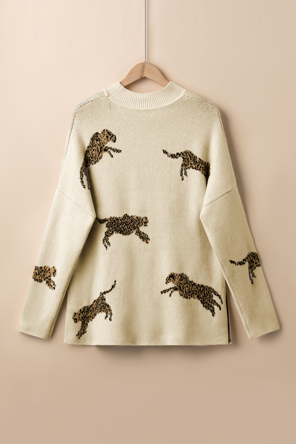 Parchment Lively Cheetah Print High Neck Split Hem Sweater - loveforevers