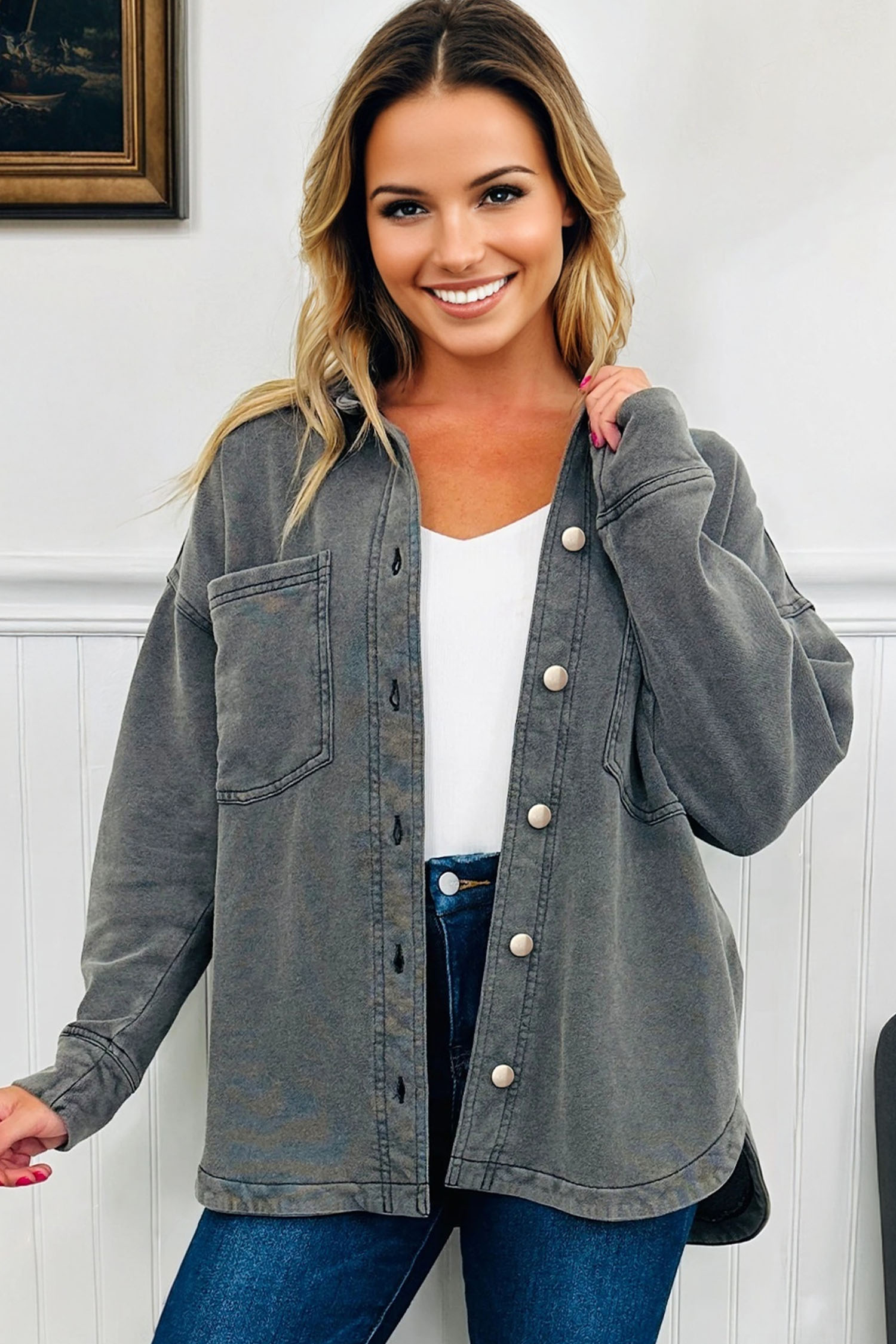 Medium Grey Mineral Wash Chest Pockets Drop Shoulder Shacket with Side Slit - loveforevers