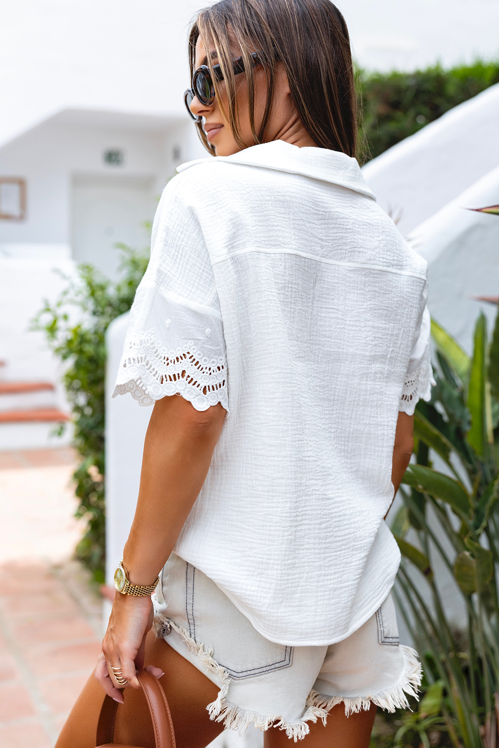 White Crinkled Lace Splicing Sleeve Collared V Neck Blouse - loveforevers