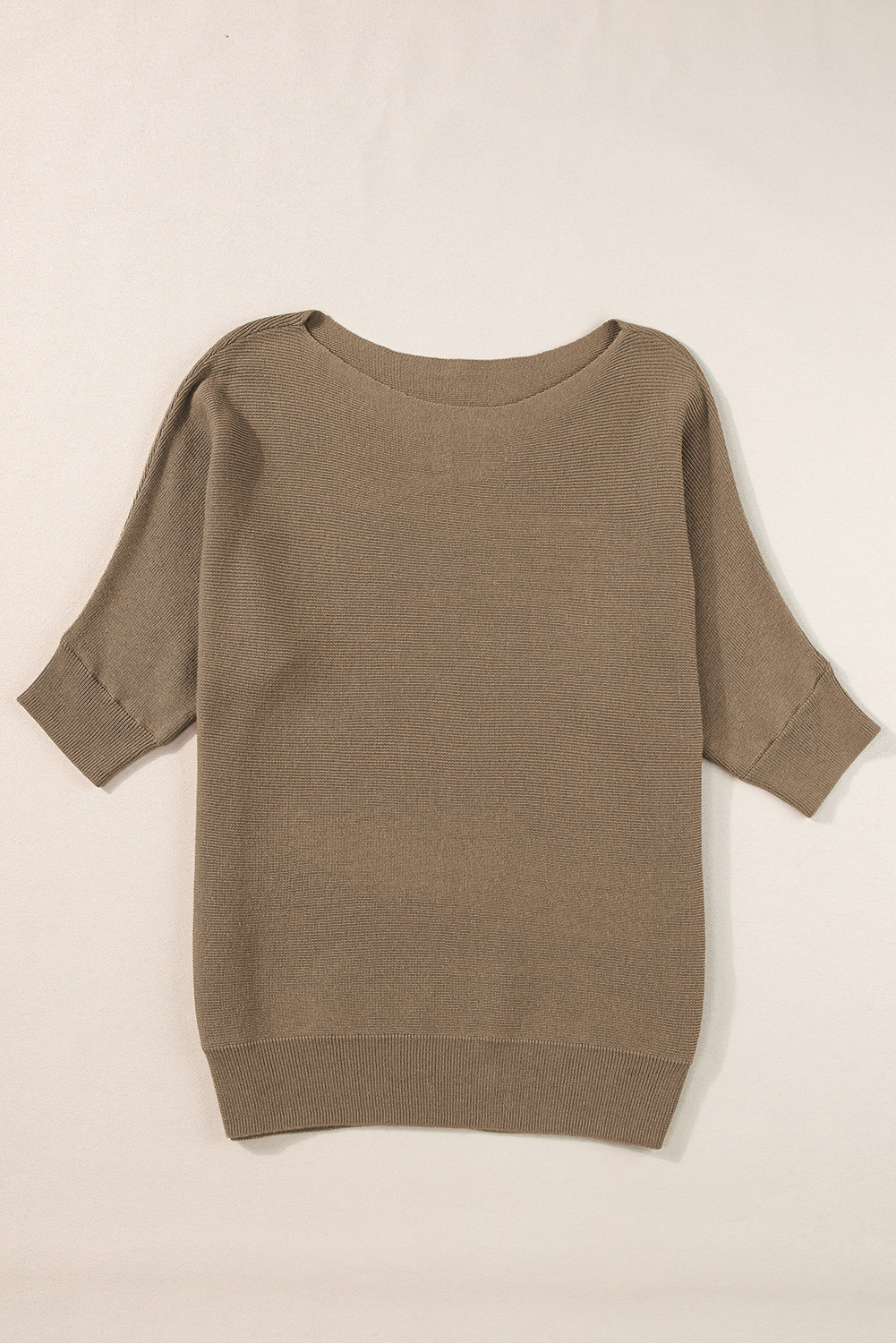 Coffee Round Neck Half Sleeve Ribbed Knit Top - loveforevers