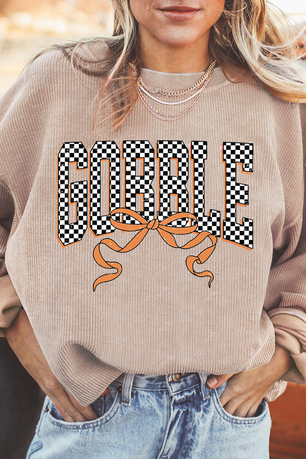 Apricot Twisted Ribbed Texture Checkered GOBBLE Bow Print Baggy Sweatshirt - loveforevers