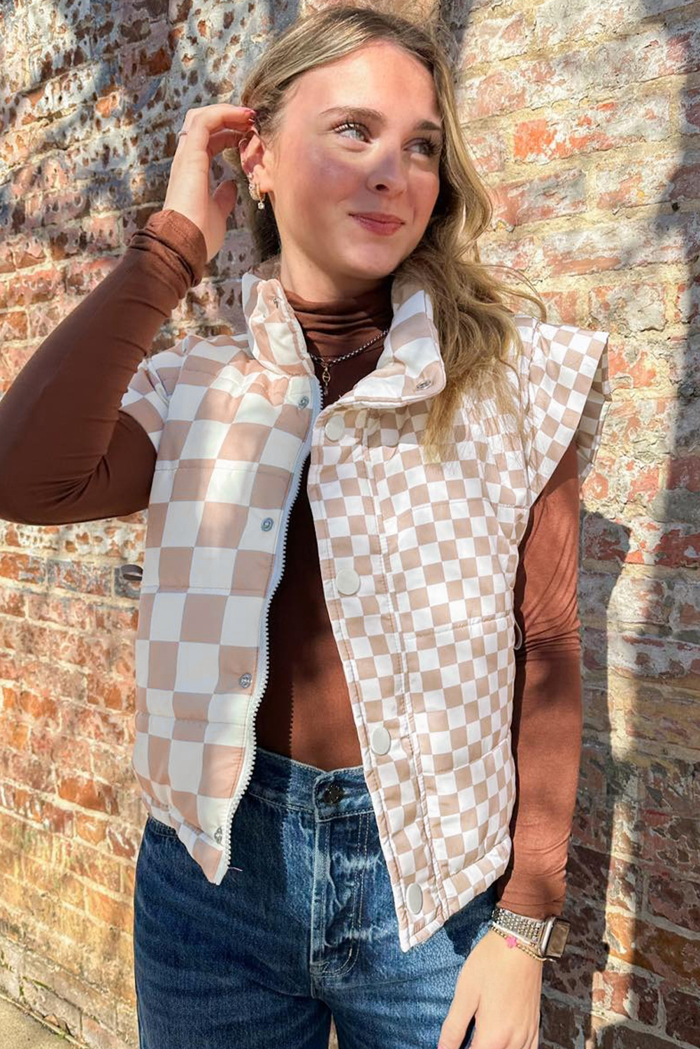 Khaki Contrast Plaid Quilted Button Zip Up Vest - loveforevers