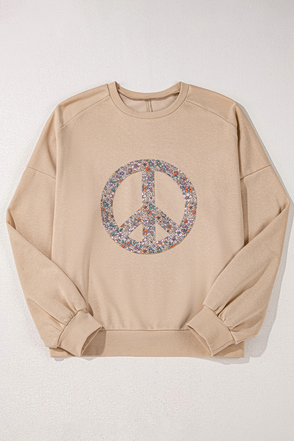 Beige Flower Patch Graphic Exposed Seam Wide Sleeve Top - loveforevers