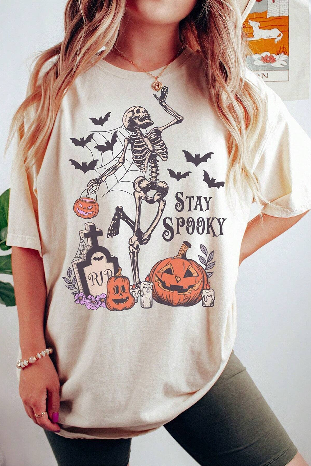 White Skull Pumpkin Face STAY SPOOKY Graphic Halloween T Shirt - loveforevers