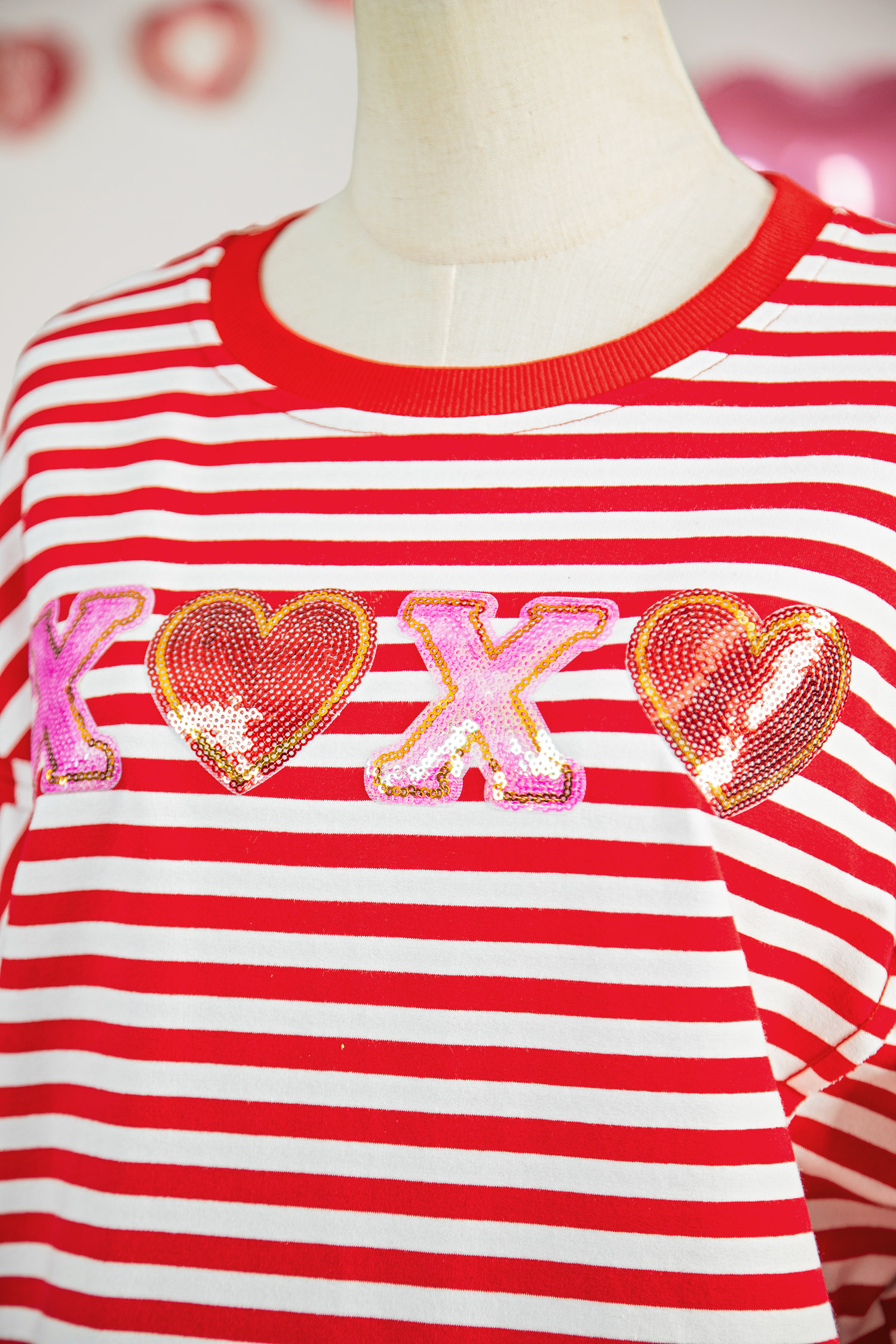Red Stripe XOXO Sequin Heart Patched Valentines Day Long Sleeve Top - loveforevers
