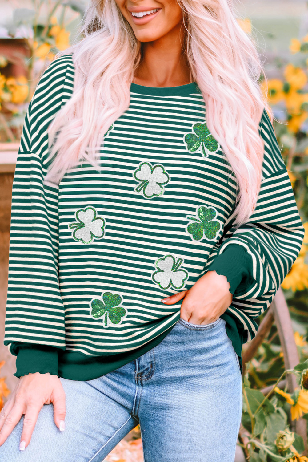 Green Stripe Sequined Clover Drop Shoulder Long Sleeve Casual Top - loveforevers