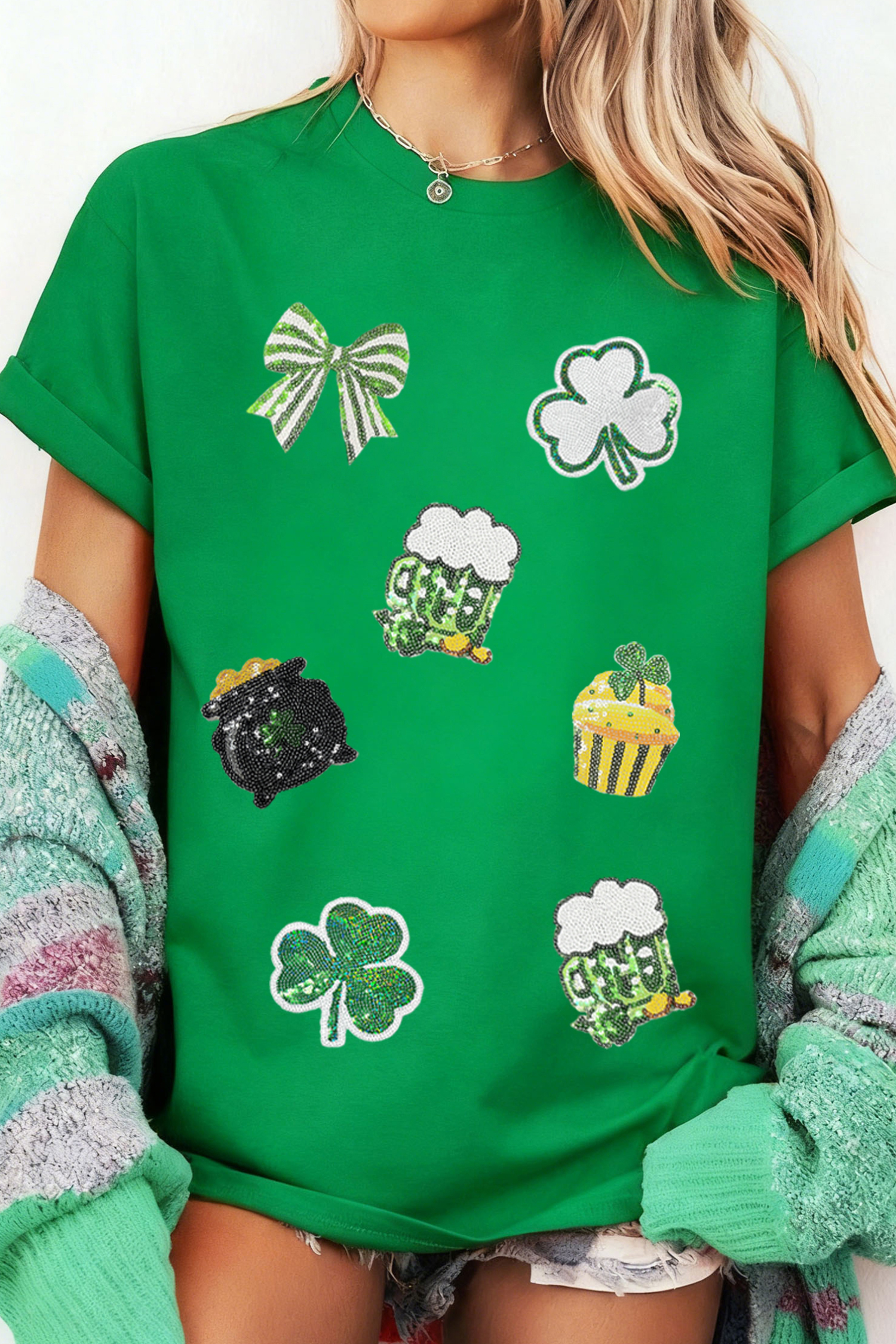 Bright Green Dainty Irish Fashion Sequin Graphic Tee - loveforevers
