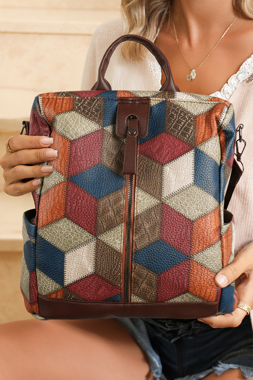 Chestnut Geometric Soft PU Leather Large Convertible Backpack - loveforevers