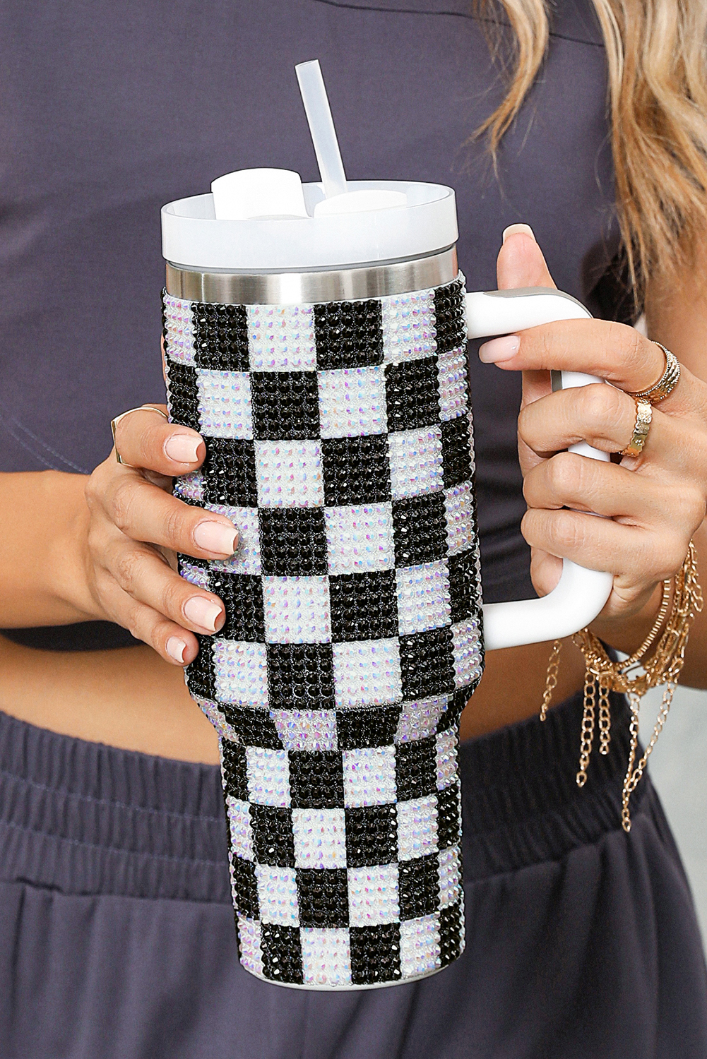 Black Full Rhinestone Checkerboard Handled Tumbler 40oz - loveforevers