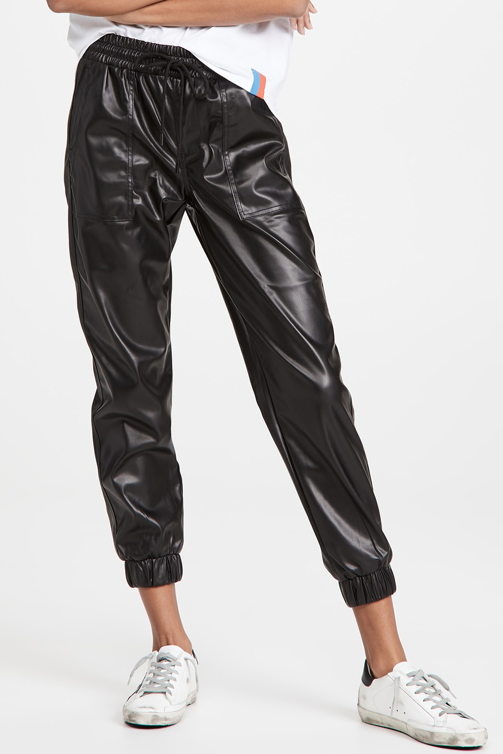 Black Faux Leather Ankle Smocked Waist Drawstring Joggers - loveforevers