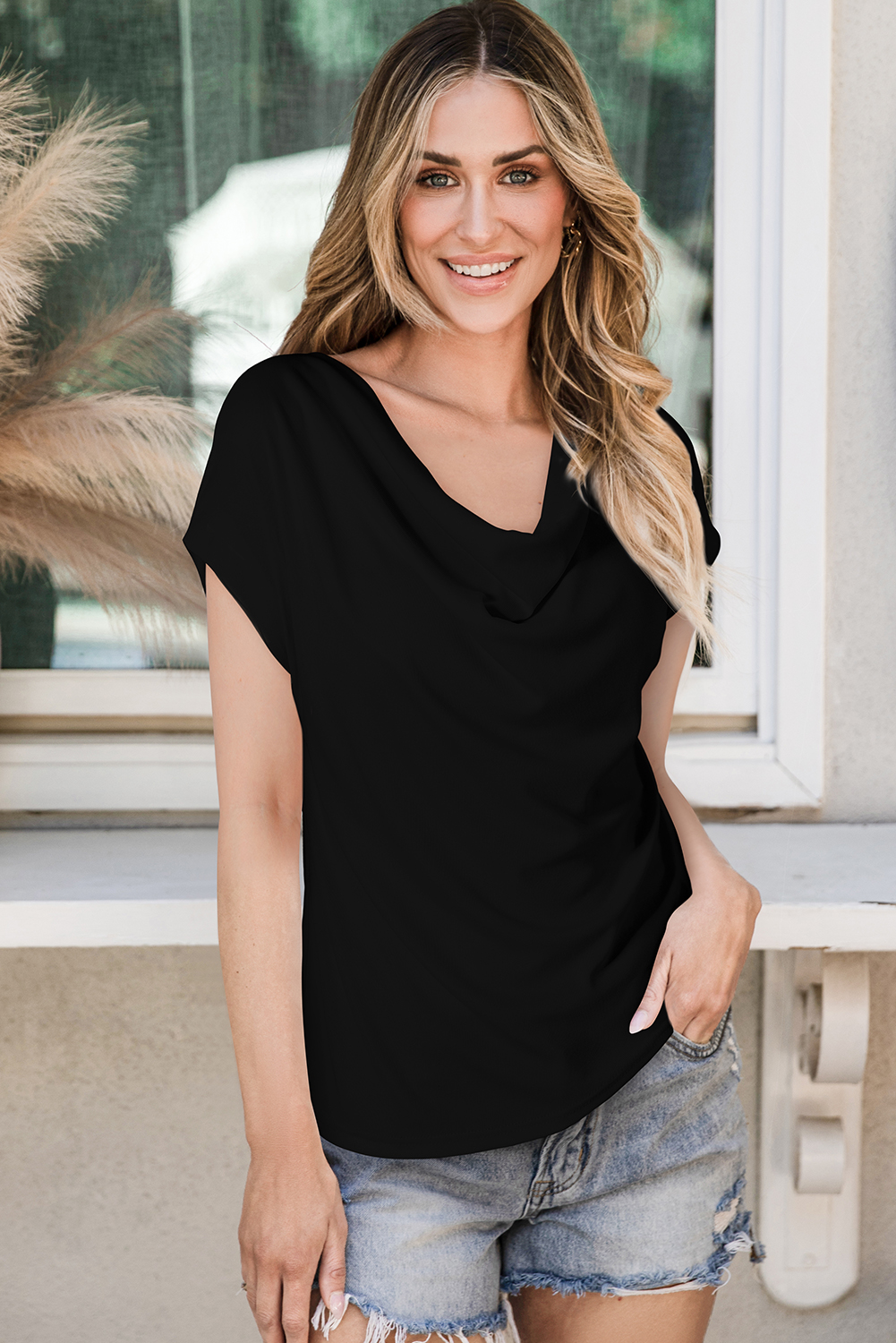 Black Cowl Neck Bat Sleeve T Shirt - loveforevers