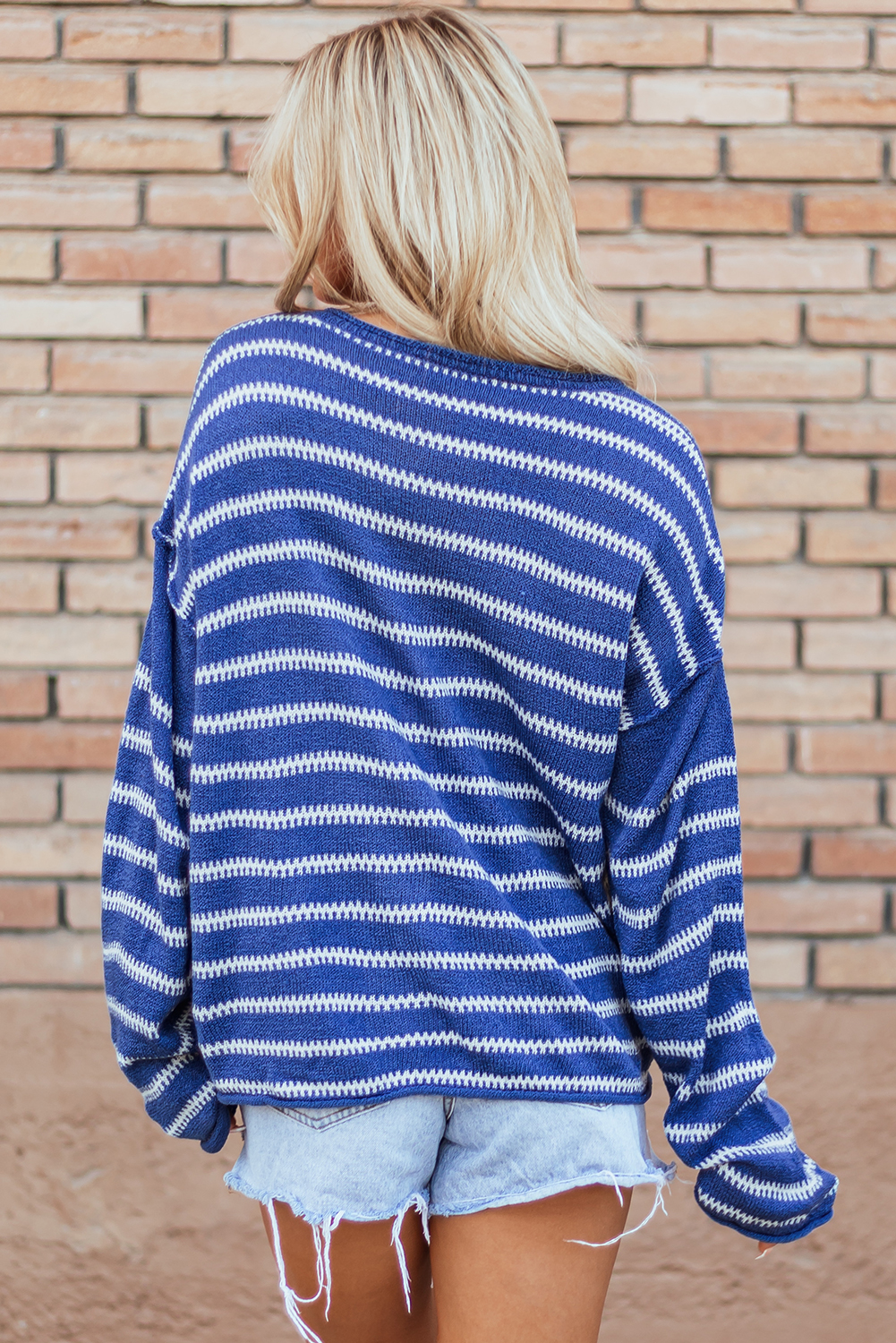 Sky Blue Stripe Drop Shoulder Casual Sweater - loveforevers