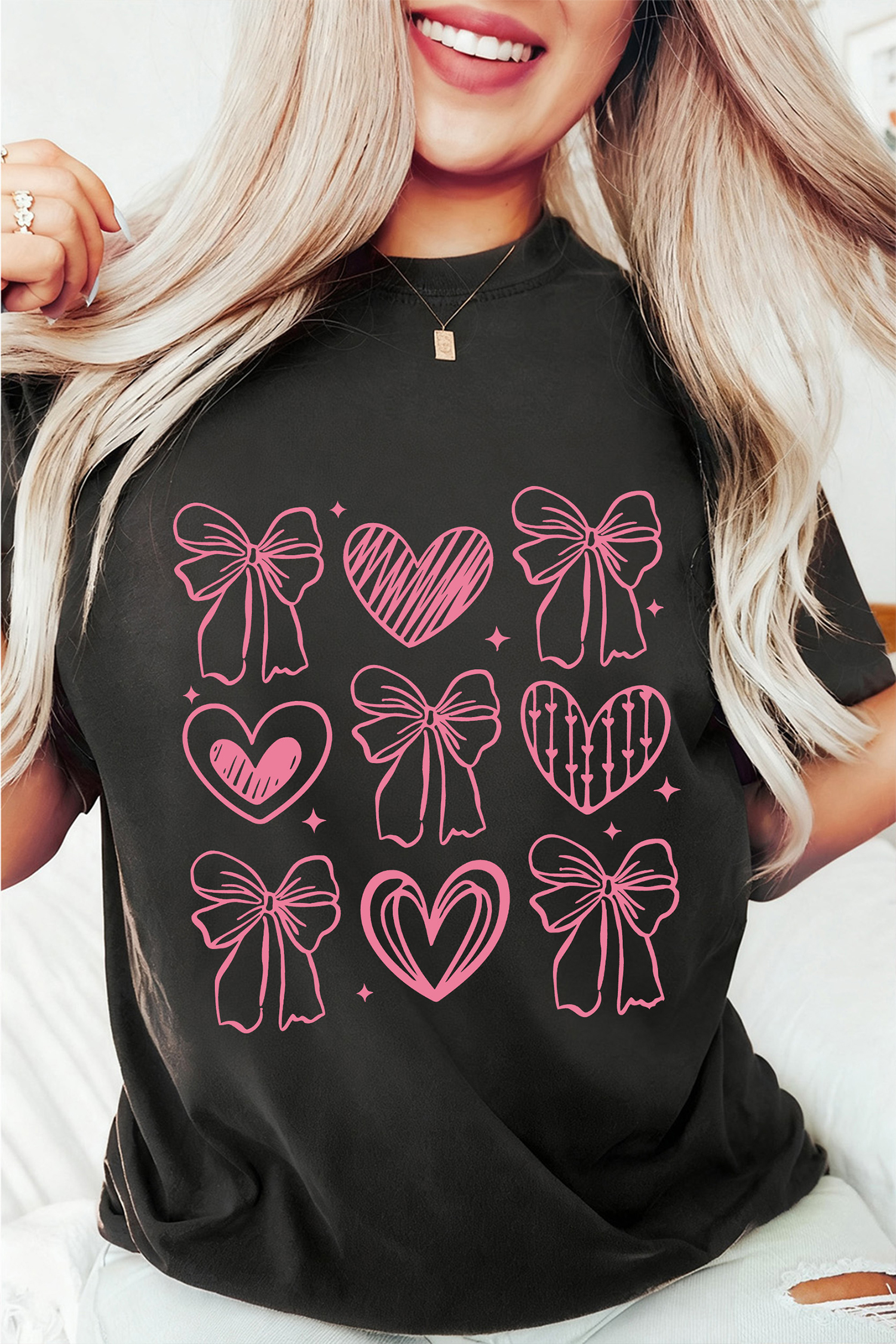 Black Cute Bow Heart Printed Valentines Day T Shirt - loveforevers