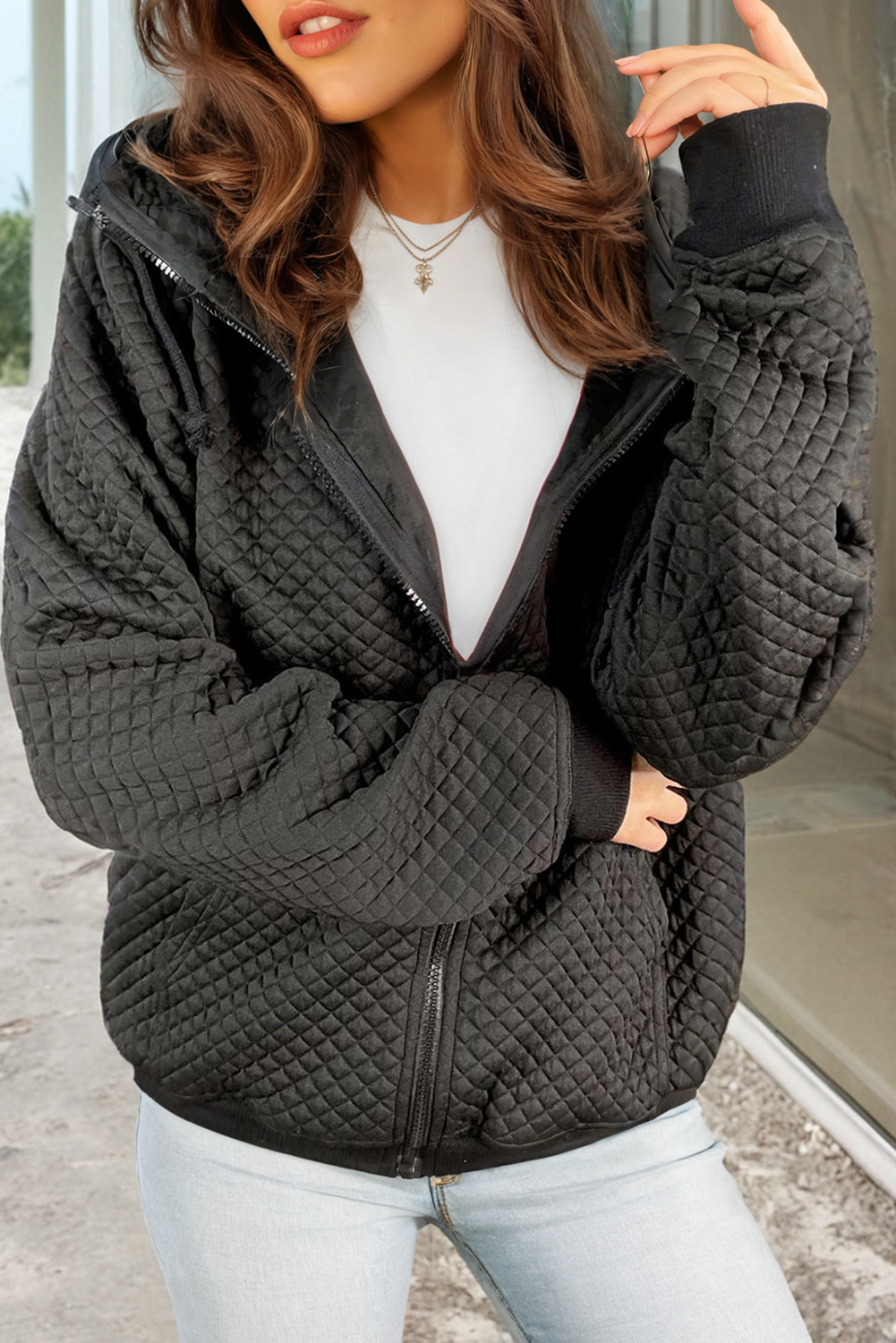 Black Quilted Side Pockets Zipper Hooded Jacket - loveforevers