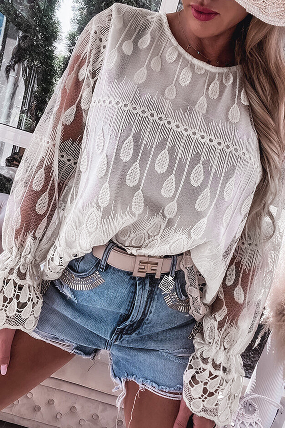 Beige Embroidered Mesh Flounce Sleeve Blouse - loveforevers