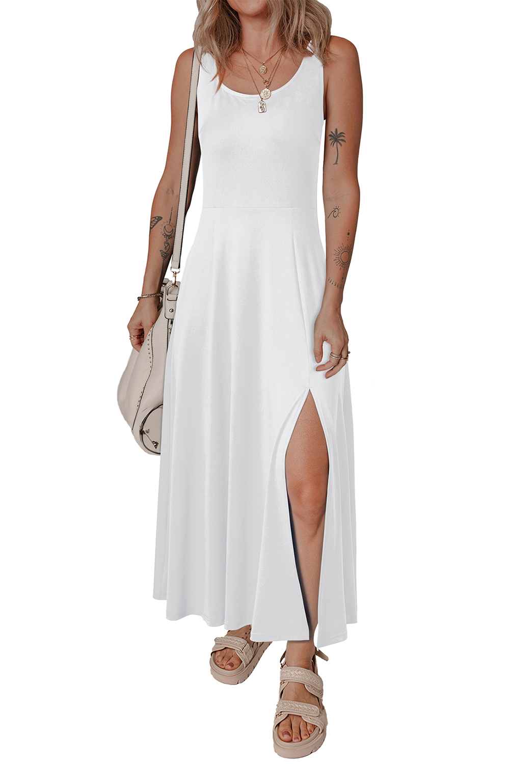 Black Sleeveless Scoop Neck Flared Split Midi Dress - loveforevers