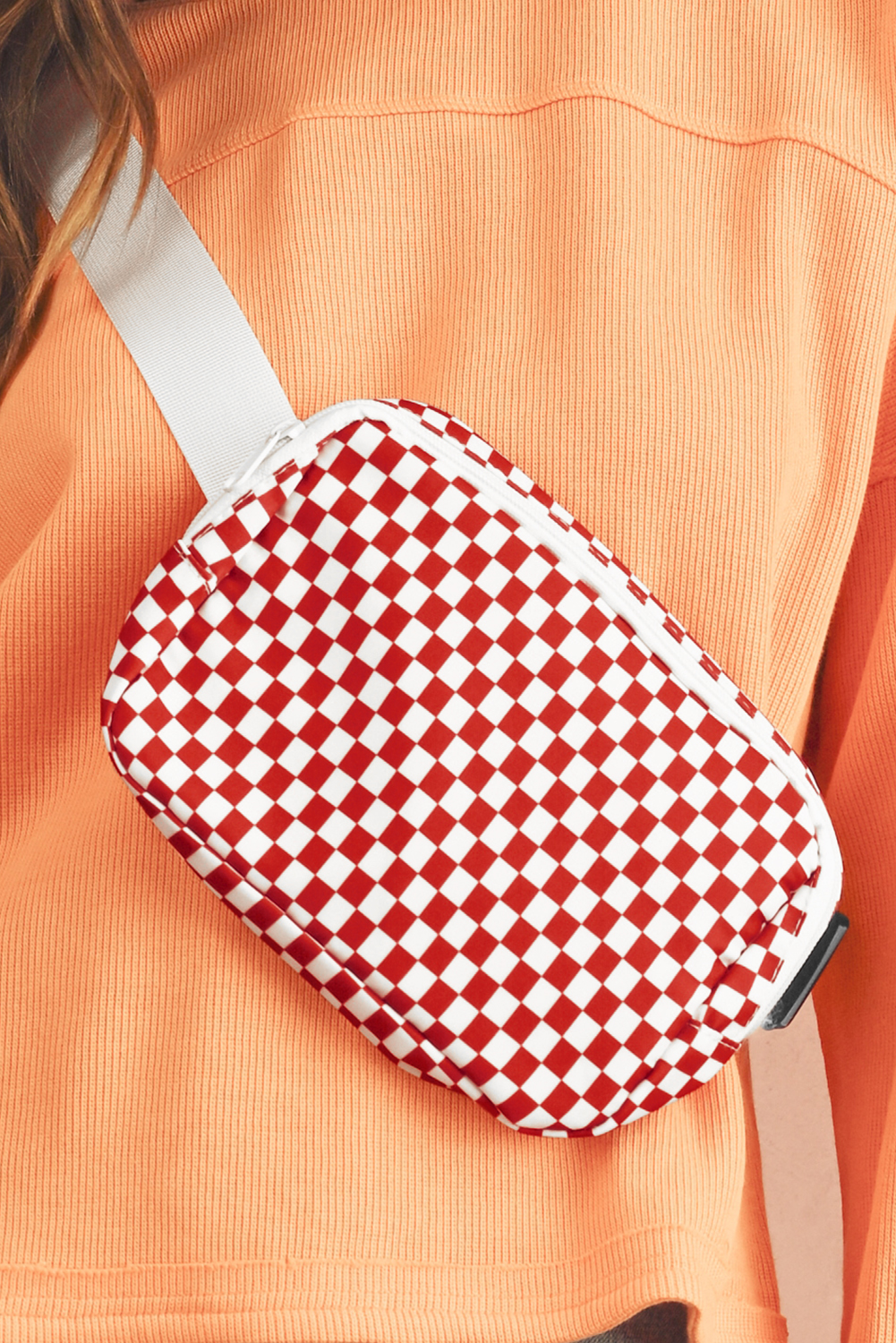 Fiery Red Checkered Print Zipped Buckle Strap Crossbody Bag - loveforevers