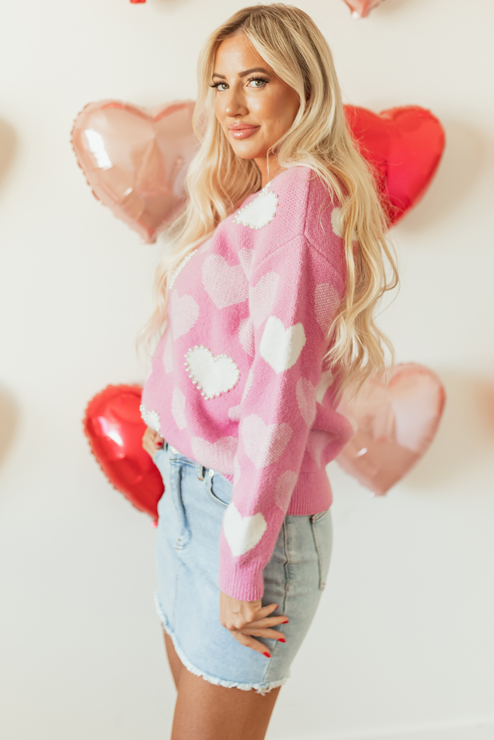Pink Pearled Heart Print Valentines Crew Neck Sweater - loveforevers