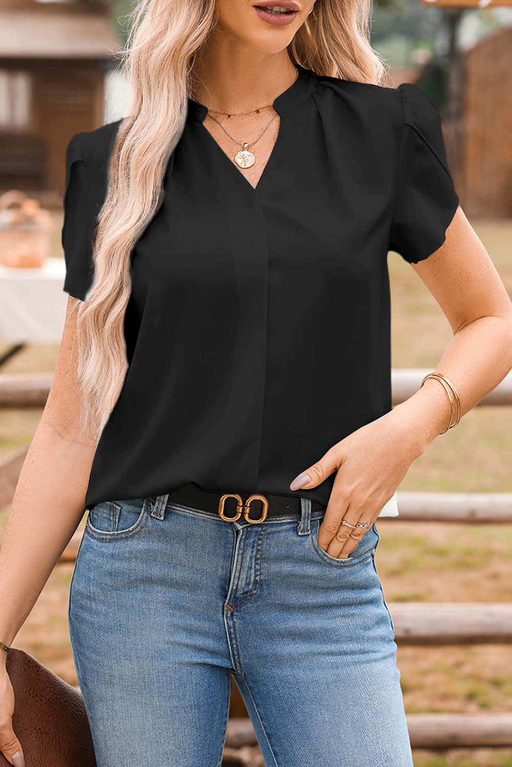Black Silky Notched Neckline Petal Sleeve Blouse - loveforevers