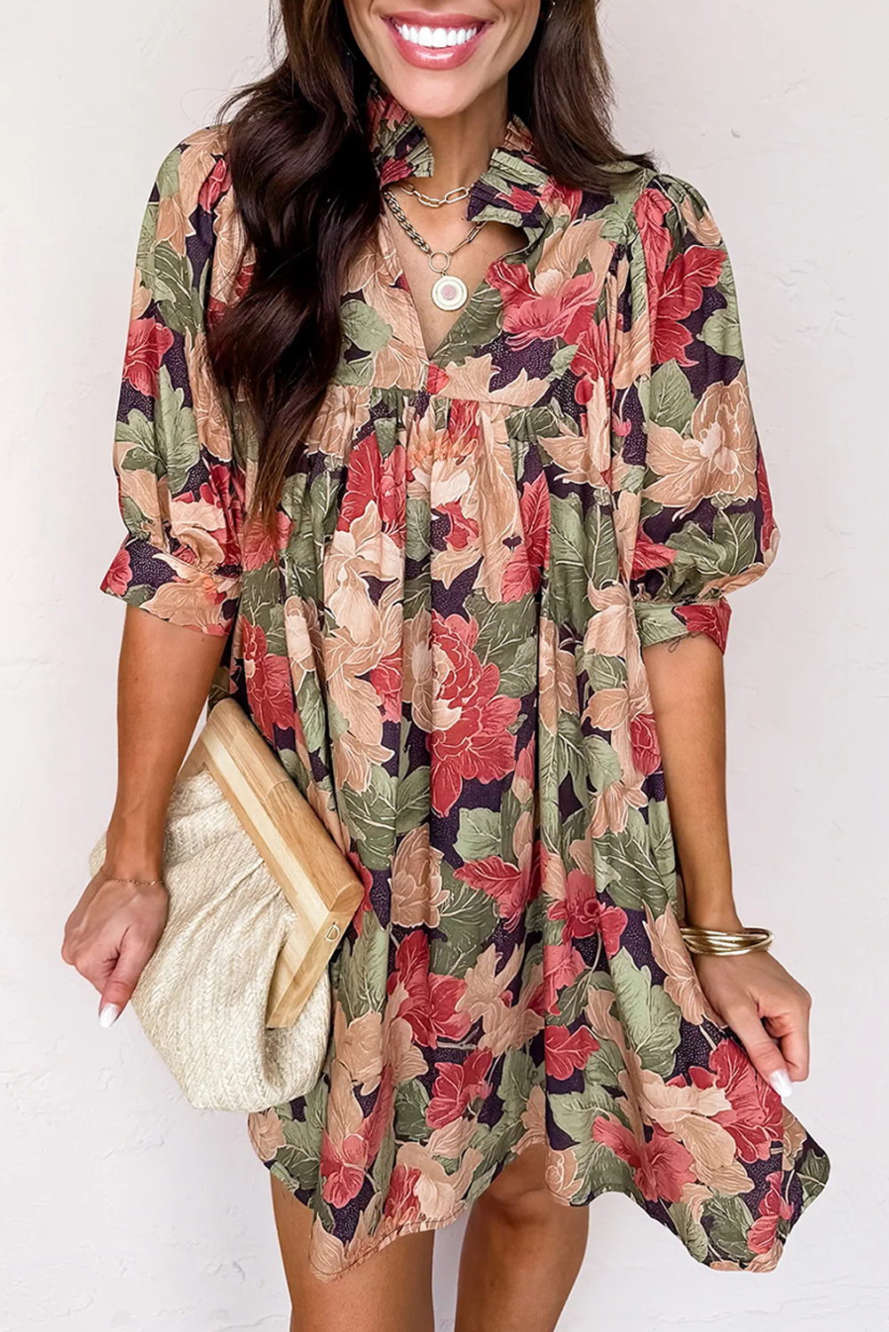 Green Floral Print Frilled Collar V Neck Half Sleeve Mini Dress - loveforevers