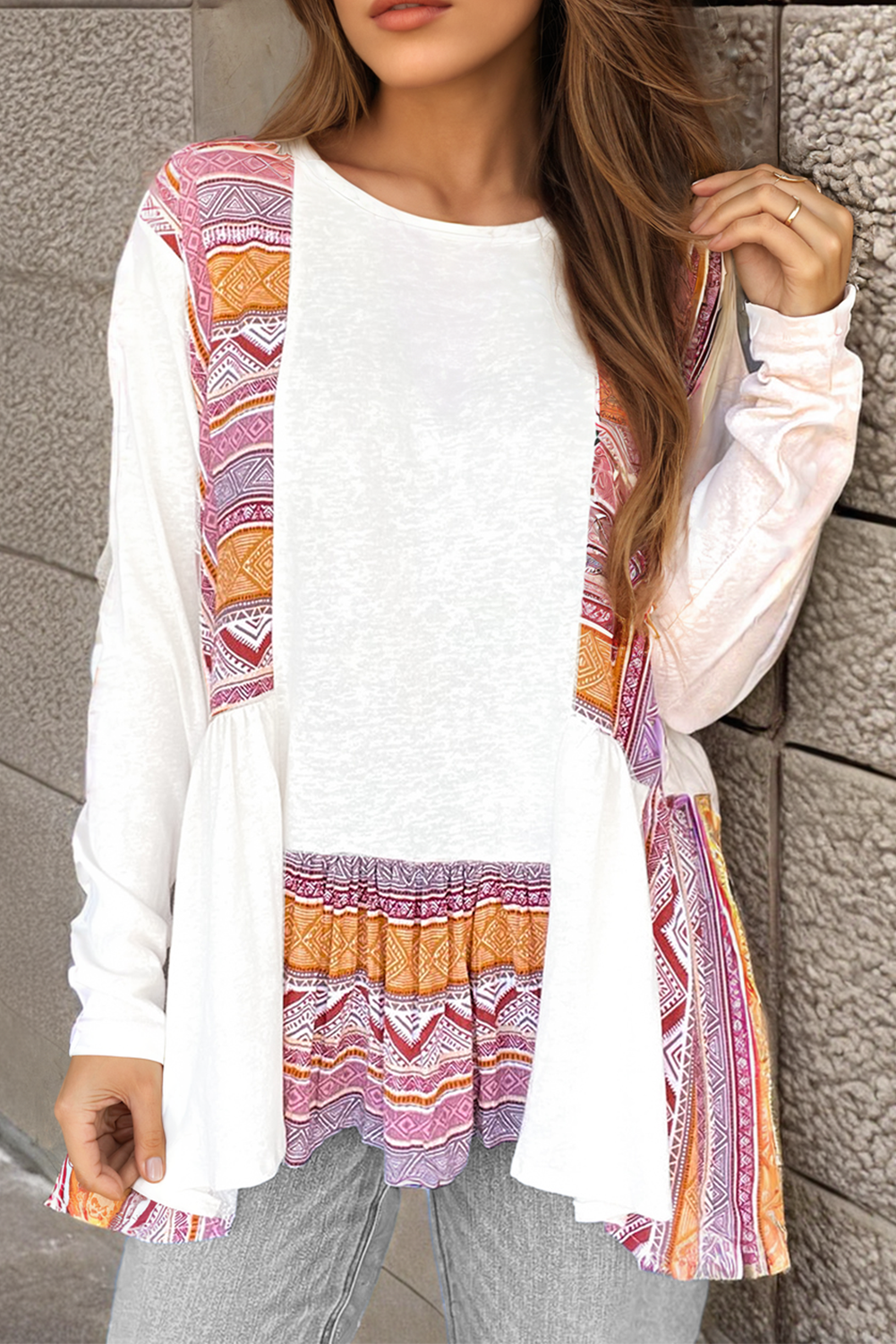 White Western Aztec Print Patchwork Ruffled Tunic Long Sleeve Babydoll Top - loveforevers