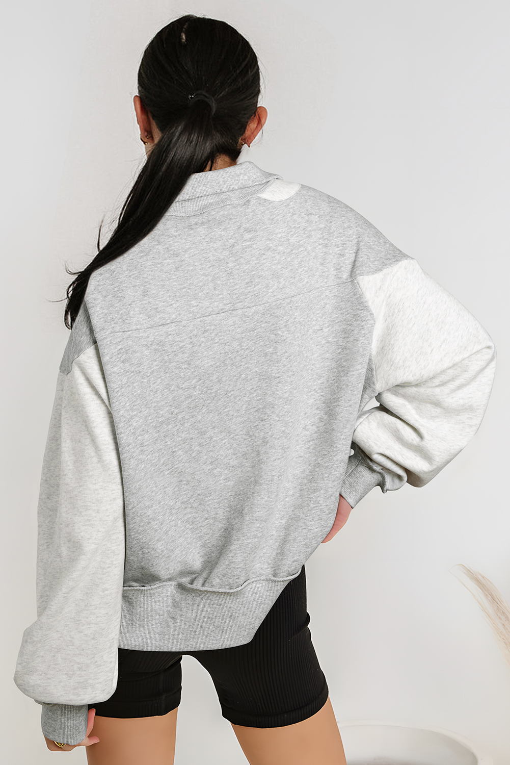 Gray Half Zipper Collared Drop Shoulder Side Slits Sweatshirt - loveforevers