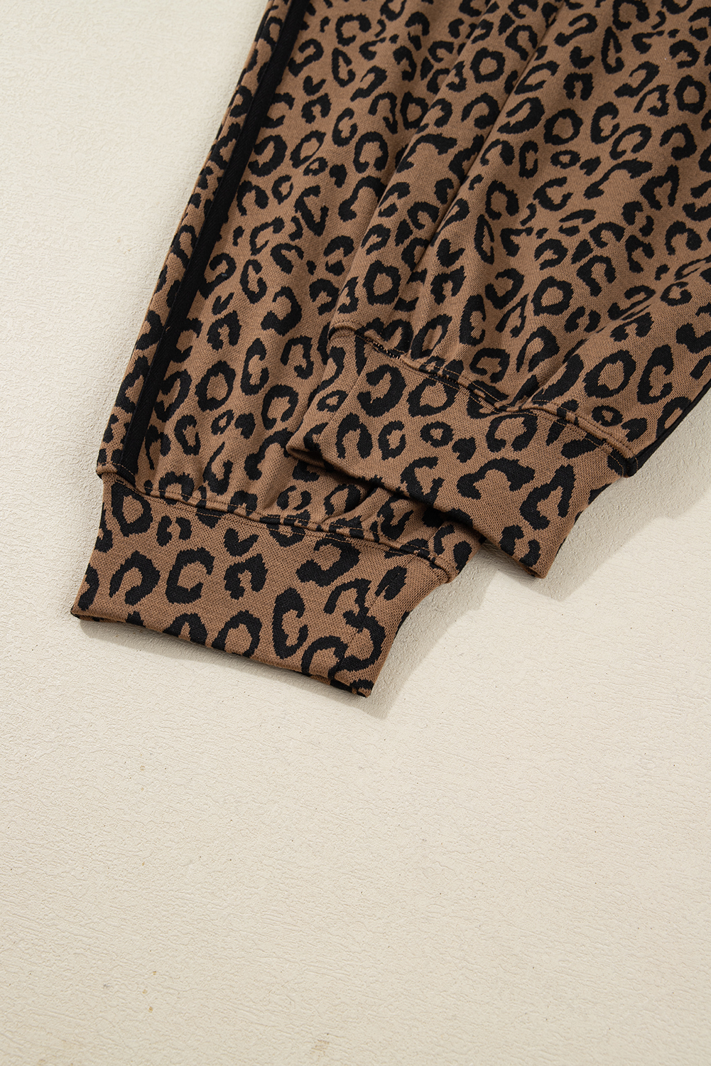 Brown Varsity Striped Trim Leopard Long Sleeve Top Drawstring Pant Set - loveforevers