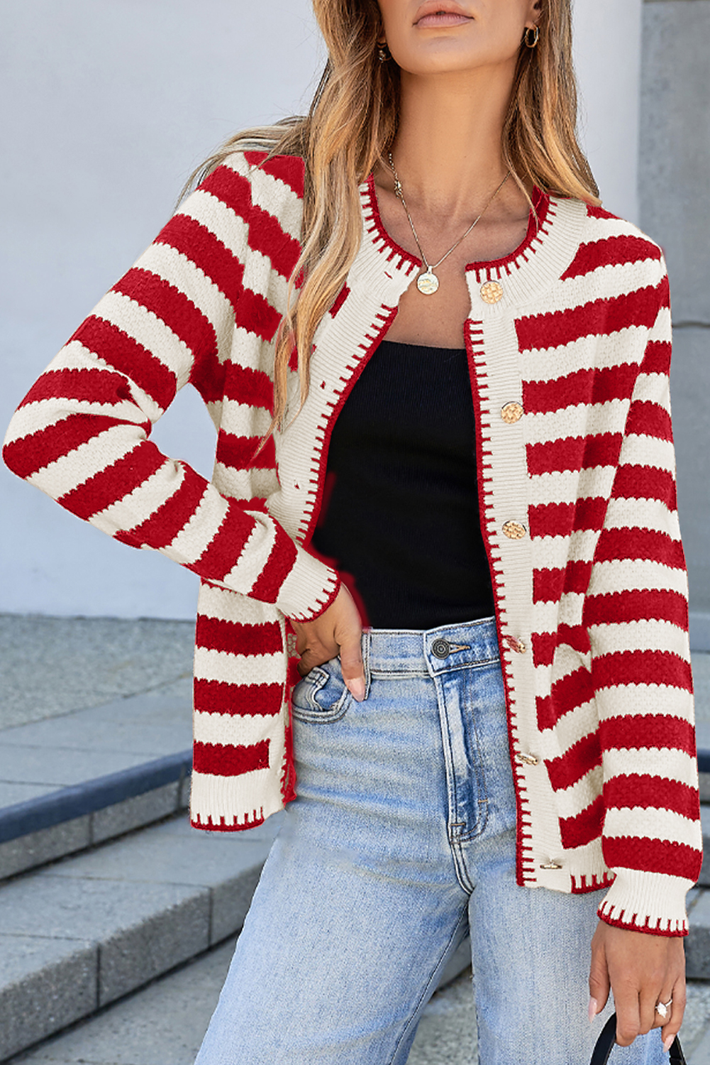 Red Stripe Chic Golden Button Cardigan Sweater - loveforevers