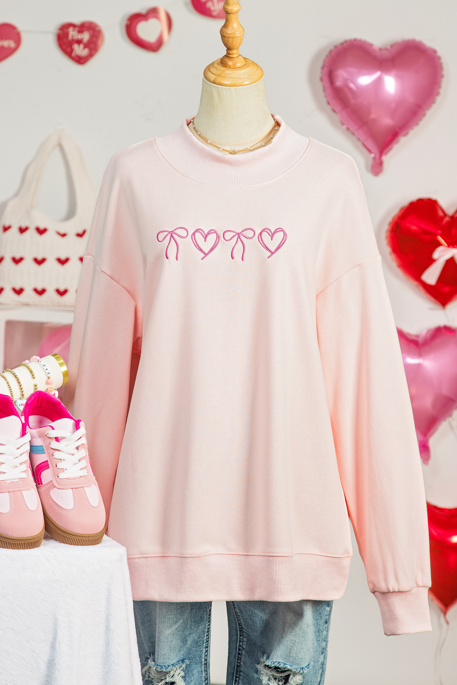 Apricot Pink Valentines Bow Heart Embroidered Mock Neck Sweatshirt - loveforevers