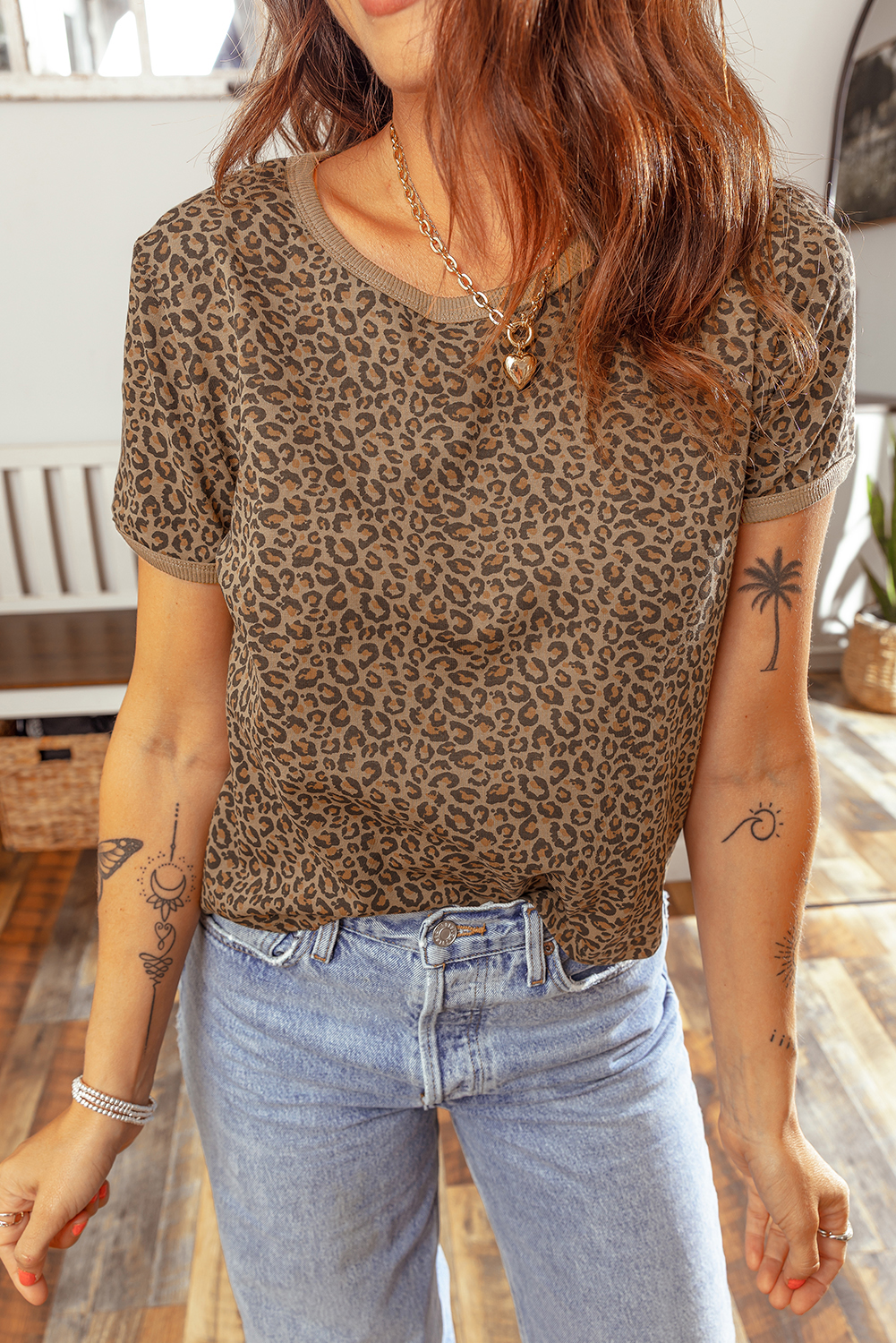 Khaki Fierce Leopard Crew Neck T Shirt - loveforevers