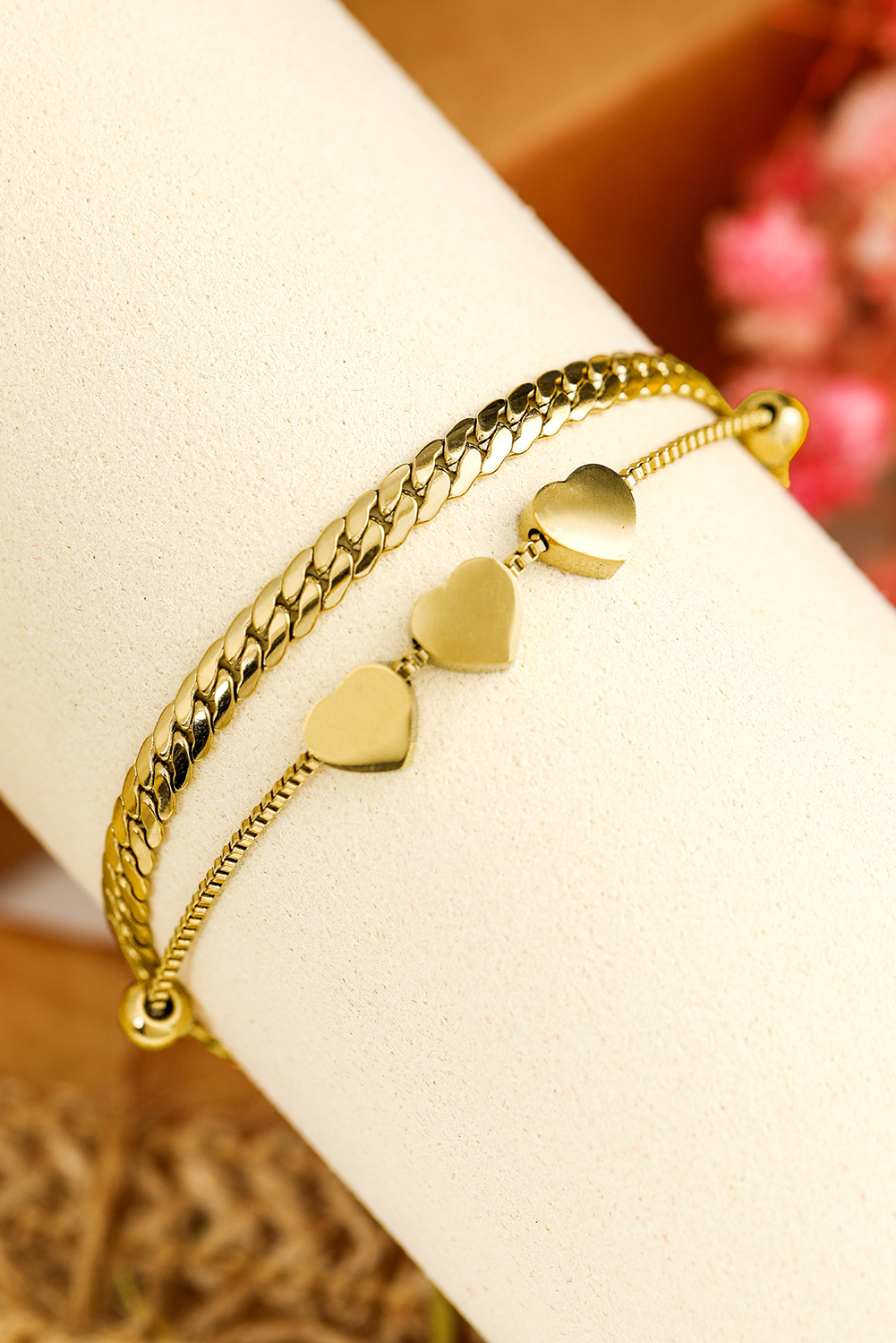 Gold Triple Heart Double Layer Adjustable Chain Bracelet - loveforevers