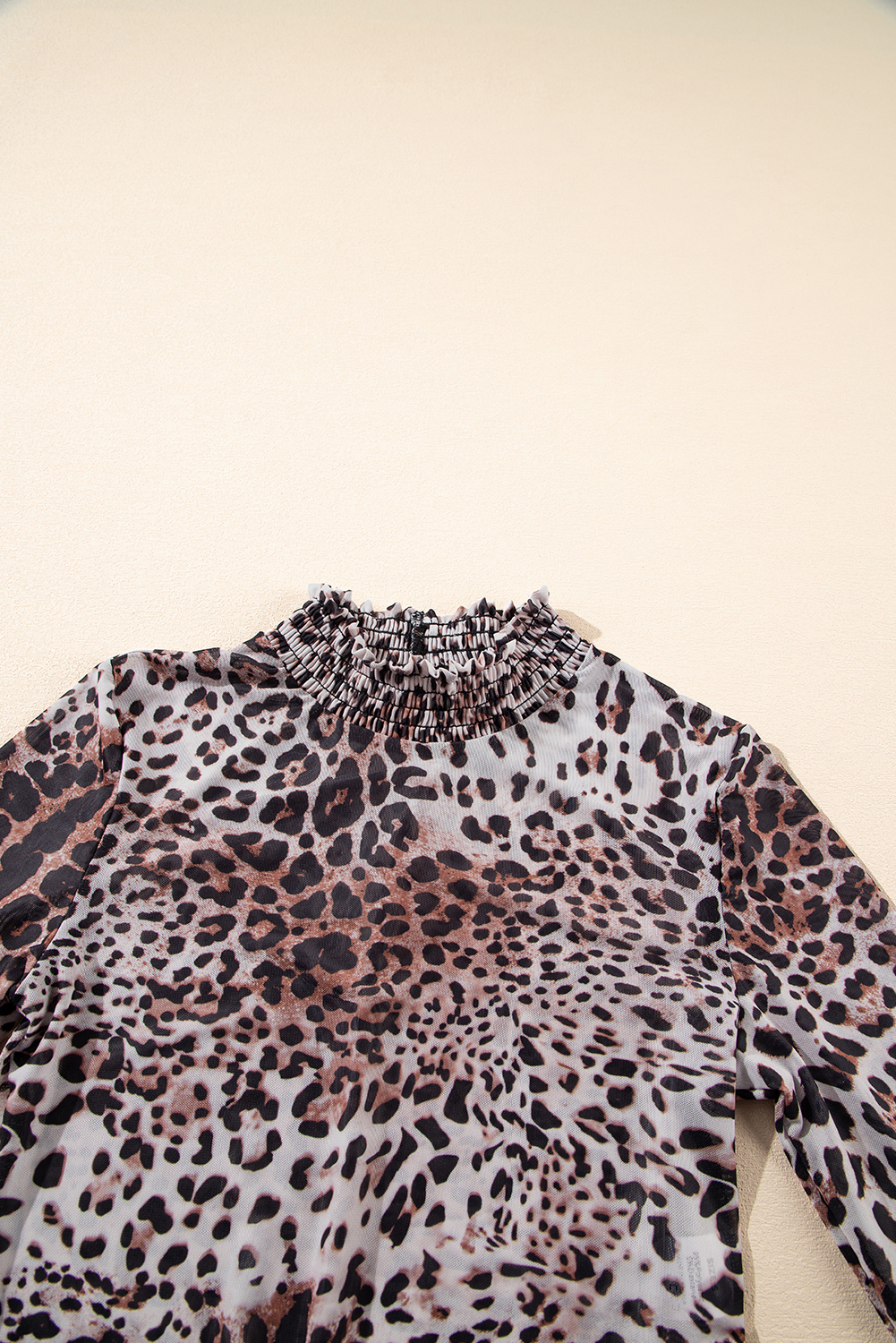 Brown Leopard Smocked Neck Mesh Long Sleeve Bodysuit - loveforevers
