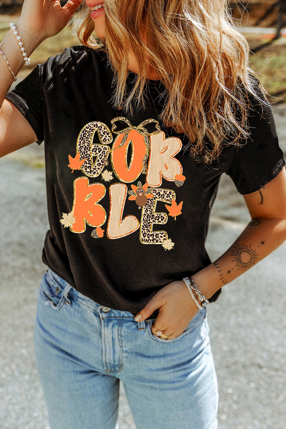 Black GOBBLE Leopard Letter Print Turkey Bow Graphic T Shirt - loveforevers
