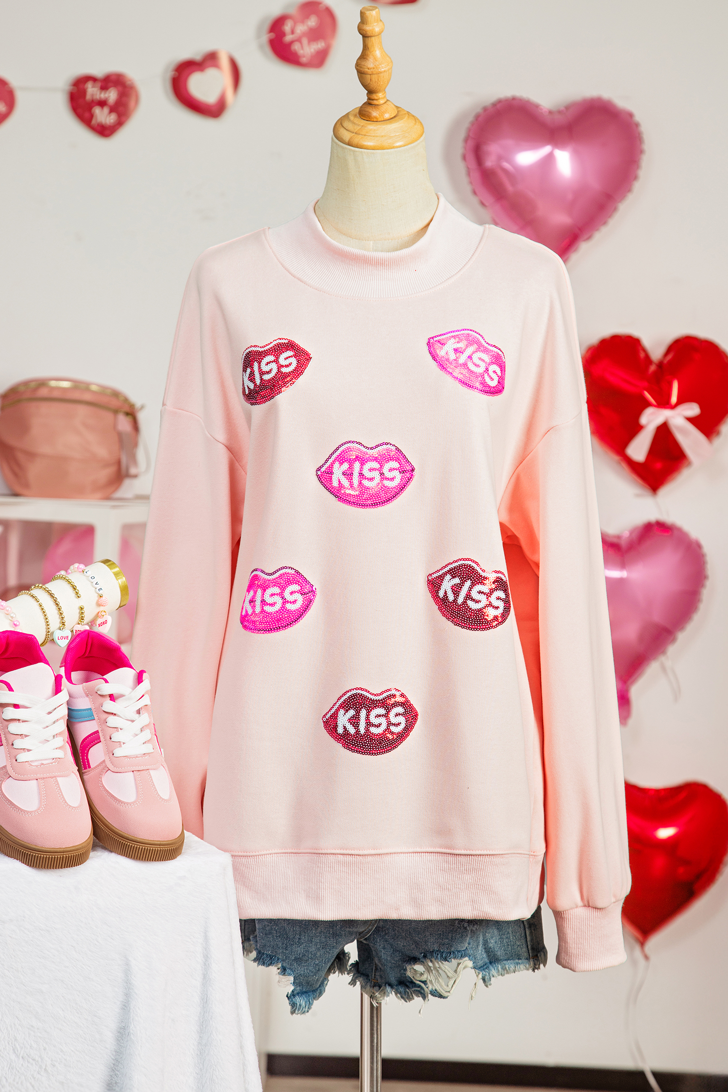 Apricot Pink Cowgirl Element Embroidered Detail Mock Neck Sweatshirt - loveforevers