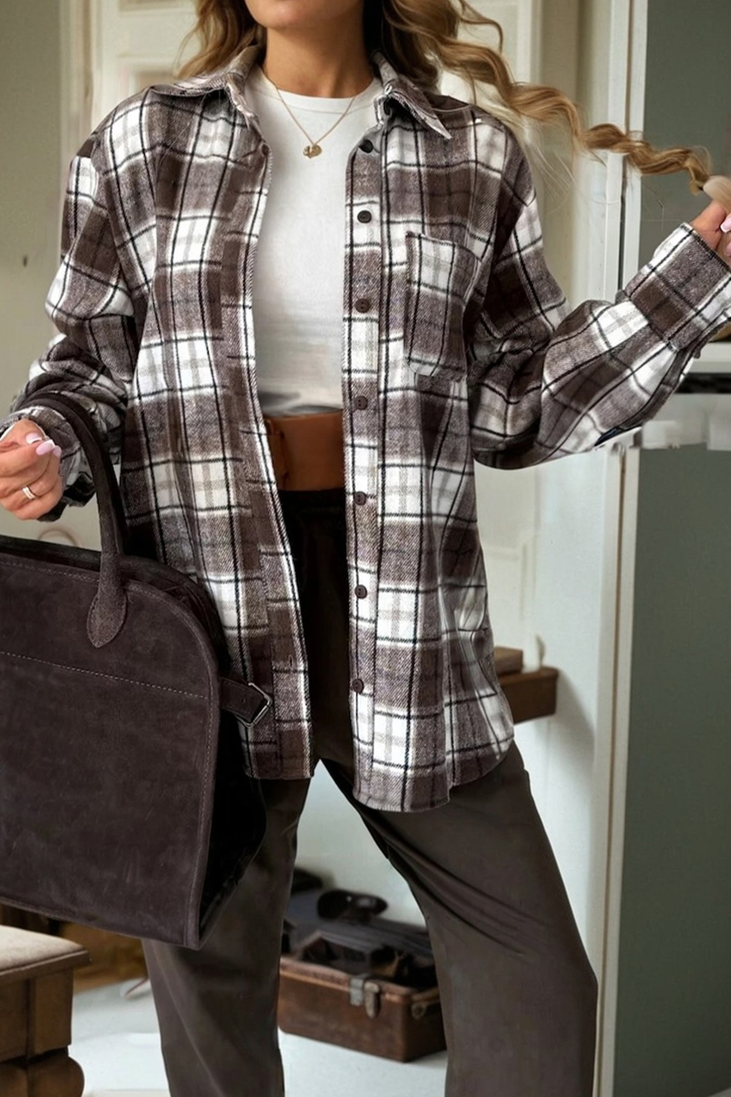 Dark Brown Flanel Plaid Single Chest Pocket Boyfriend Shacket - loveforevers