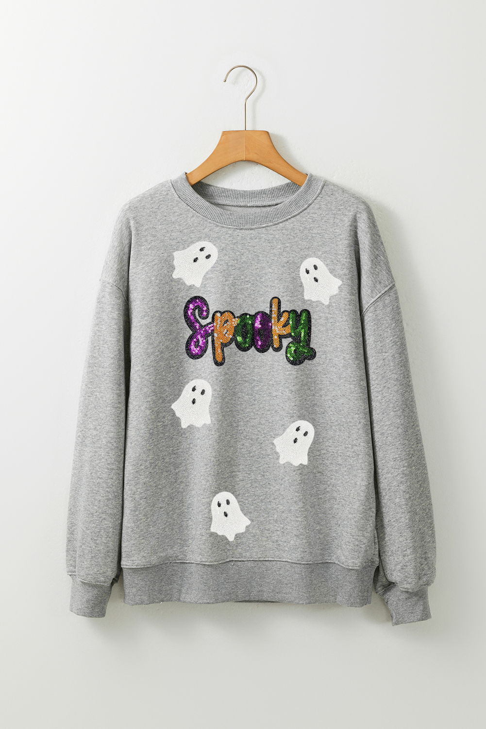 Gray Spooky Halloween Ghost Sequin Patched Sweatshirt - loveforevers