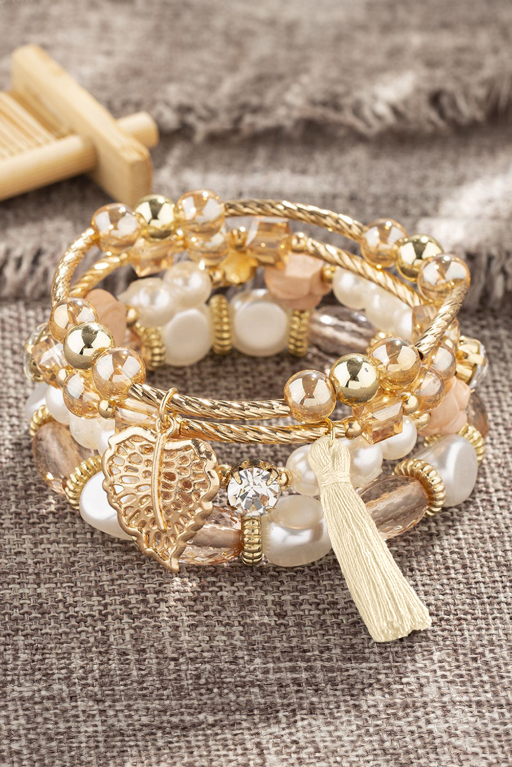 White Bohemian Rhinestone Beaded Fringed Layered Bracelet - loveforevers