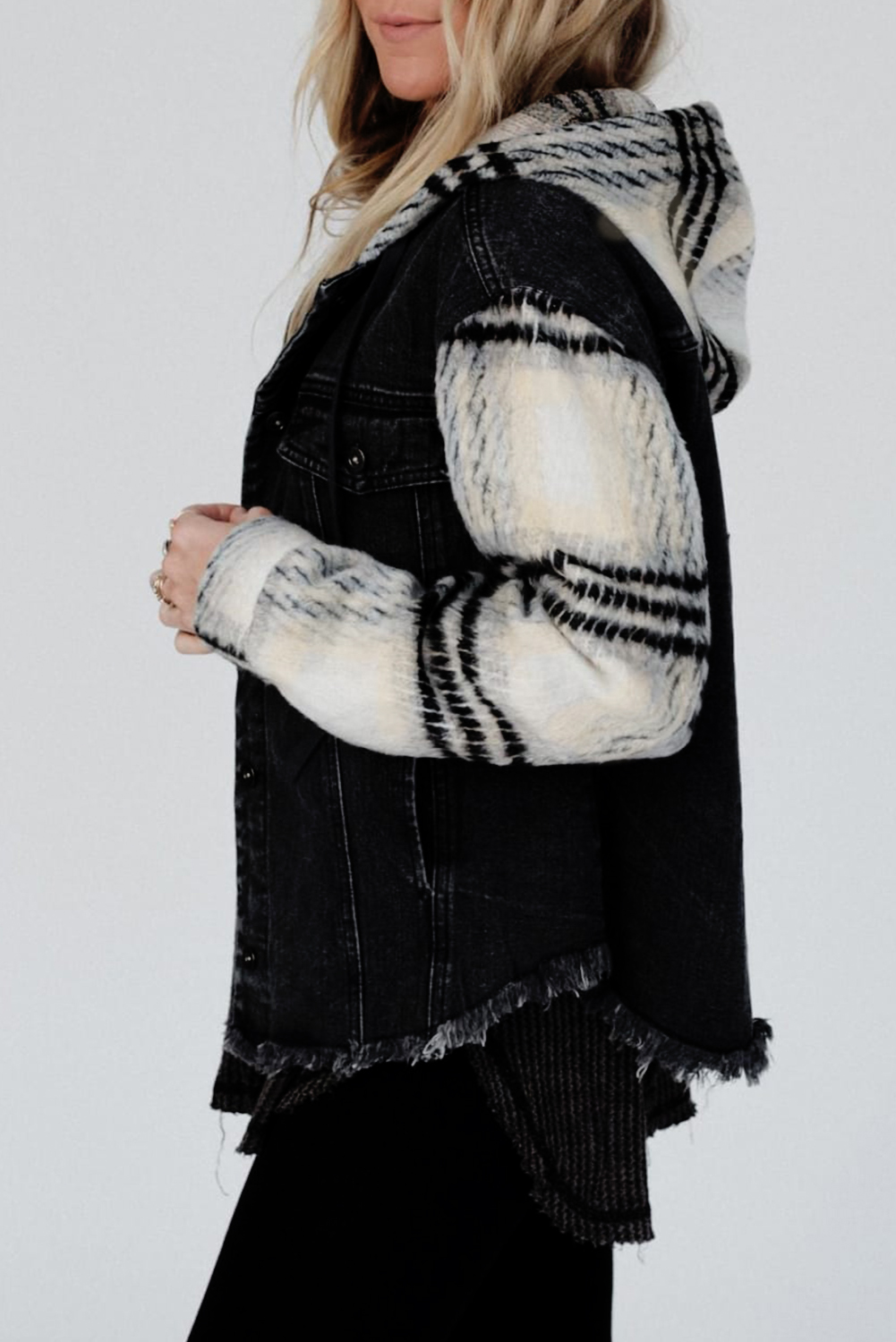 Black Plaid Sleeve Frayed Hem Hooded Denim Jacket - loveforevers