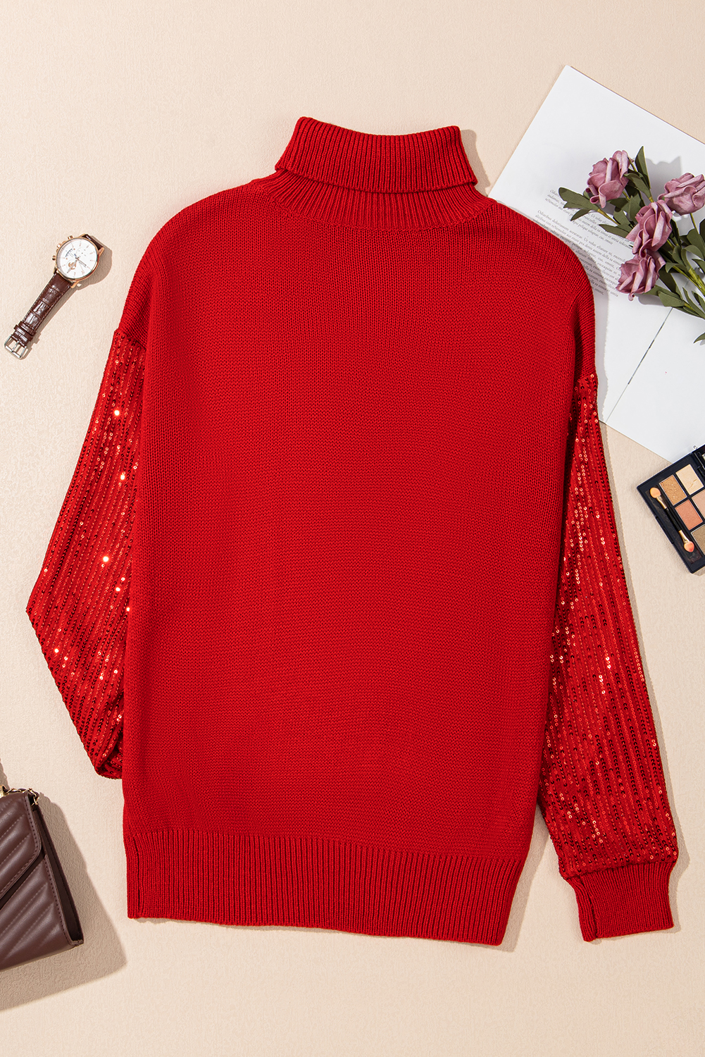 Racing Red Merry Graphic Sequin Sleeves Christmas Turtleneck Sweater - loveforevers
