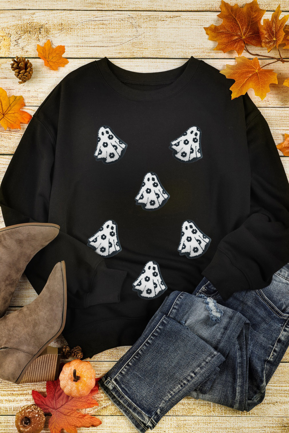 Wisteria Glitter Trim Chenille Ghost Patched Halloween Graphic Tee - loveforevers