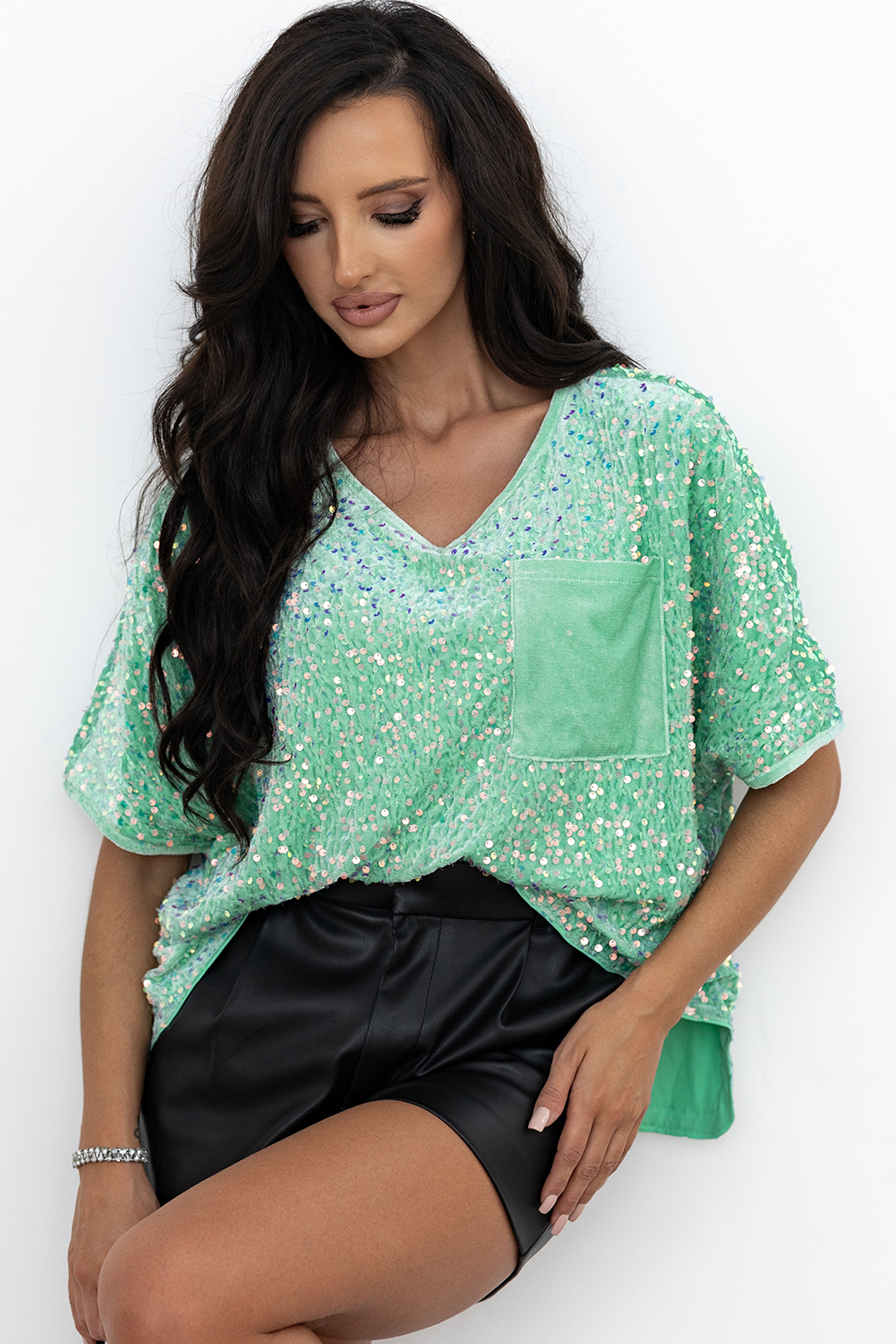 Moonlight Jade Sequin Batwing Sleeve V Neck Velvet Blouse - loveforevers