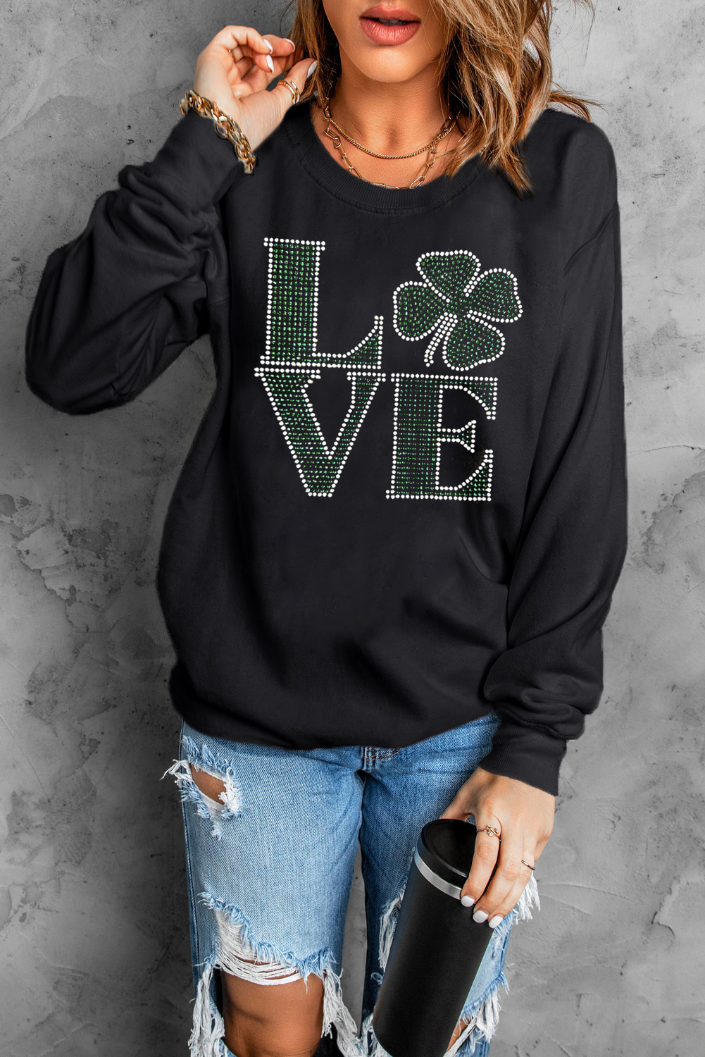 Black Rhinestone LOVE Clover Graphic St Patricks Pullover Sweatshirt - loveforevers