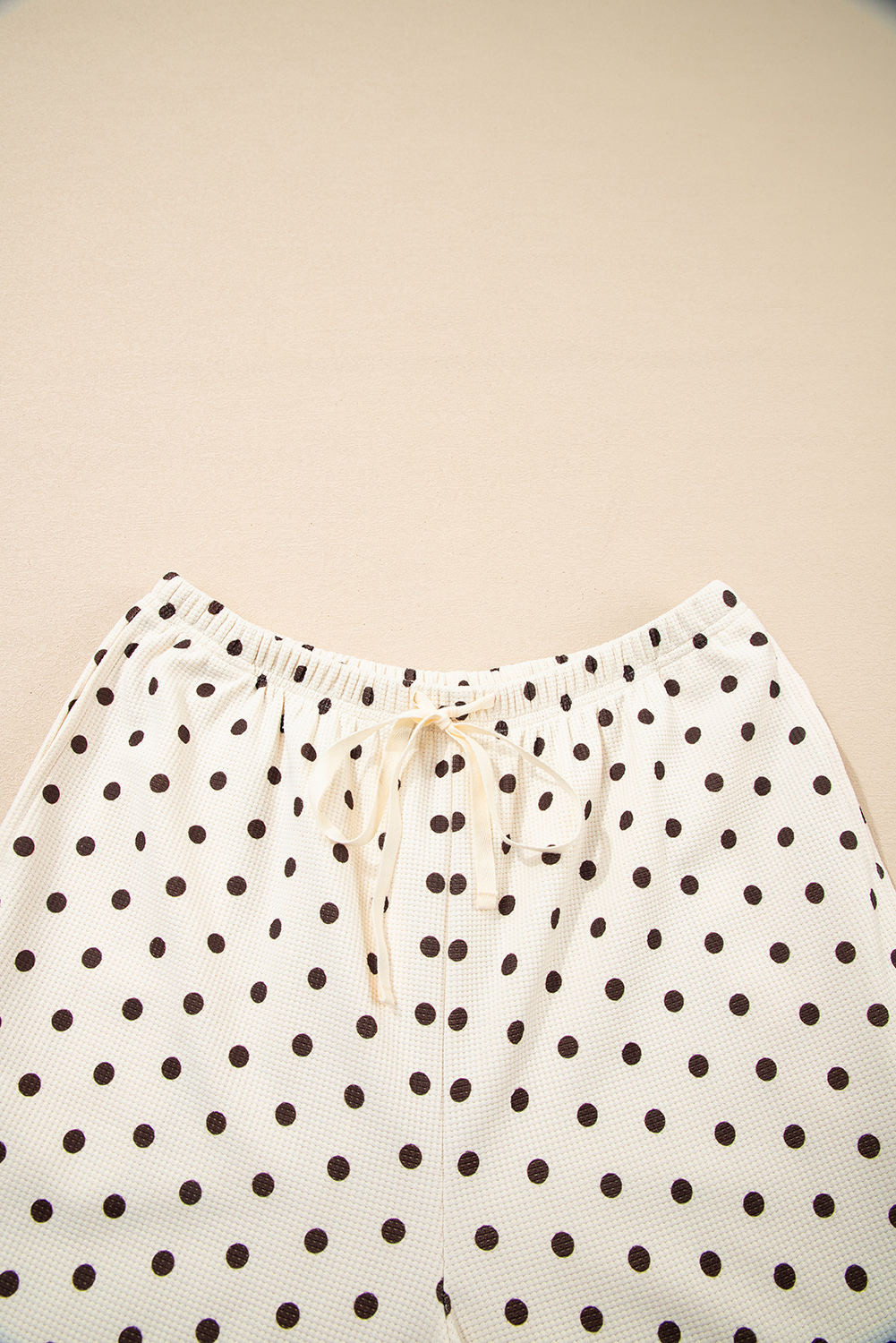 White Polka Dot Print Notched Neck Long Sleeve Top Drawstring Jogger Pants Waffle Knit Lounge Set - loveforevers